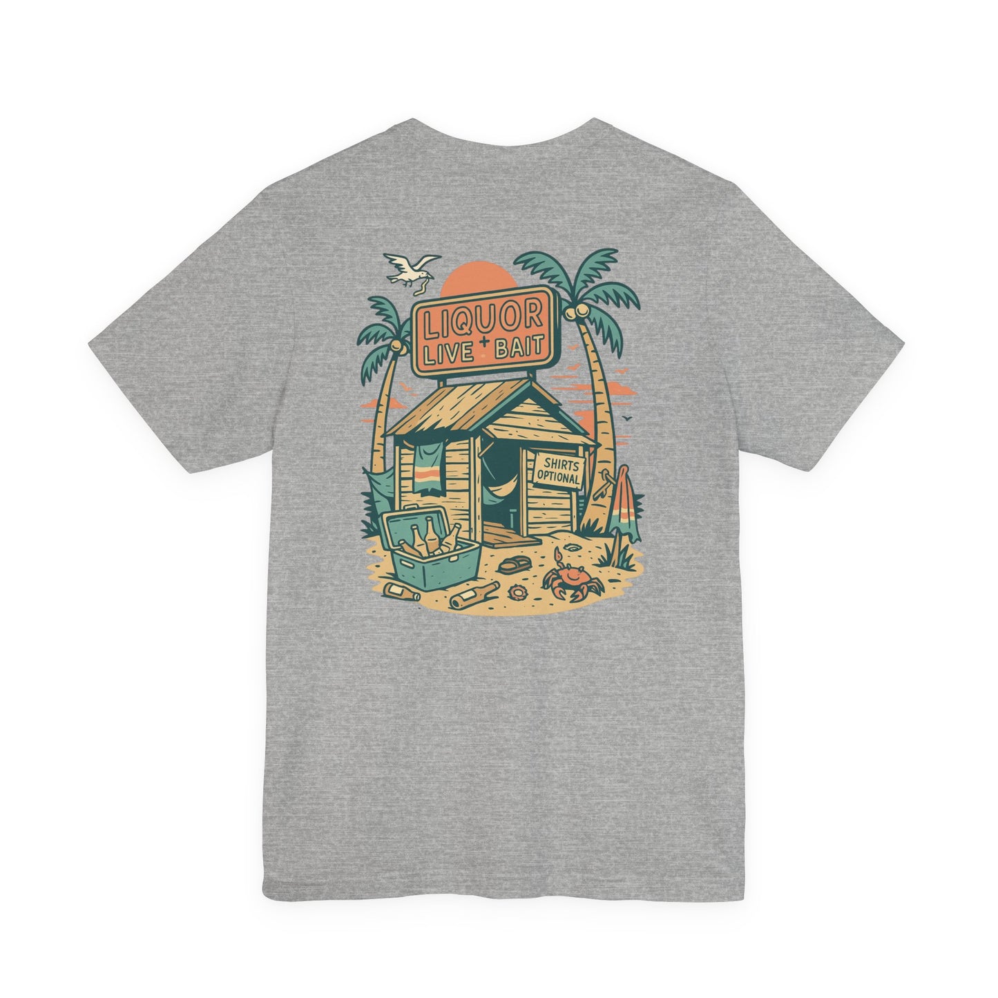 Sunburnt & Buzzed Tee | Tropical Bait Shack with Cooler, Crabs, and Neon Sign - Retro Beach Bar Party Graphic Tee (BC3001)