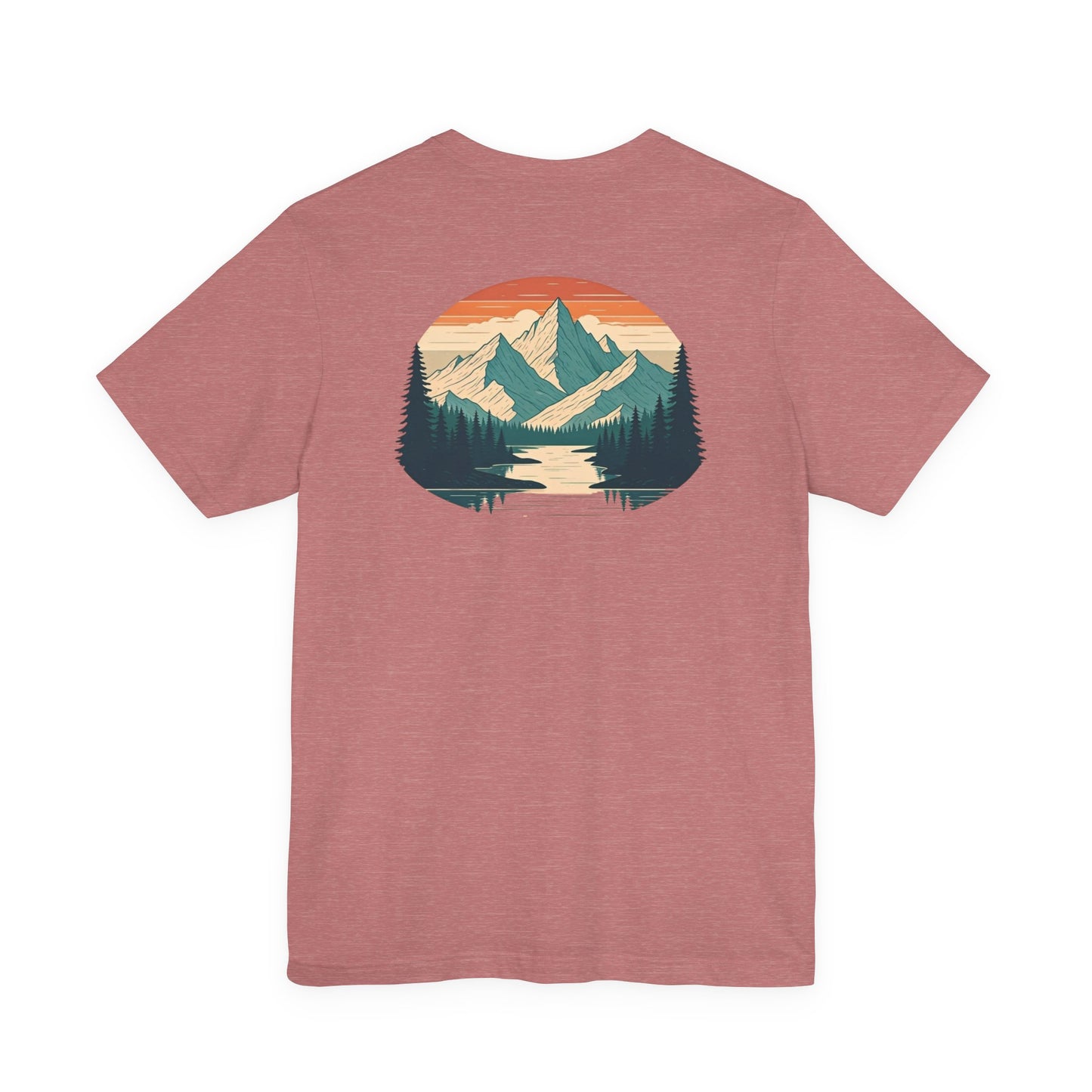 Mountain Horizon Tee | Bold Wilderness Scene with Sunset Peaks and Pine Reflection - Adventure Graphic Shirt (BC3001)