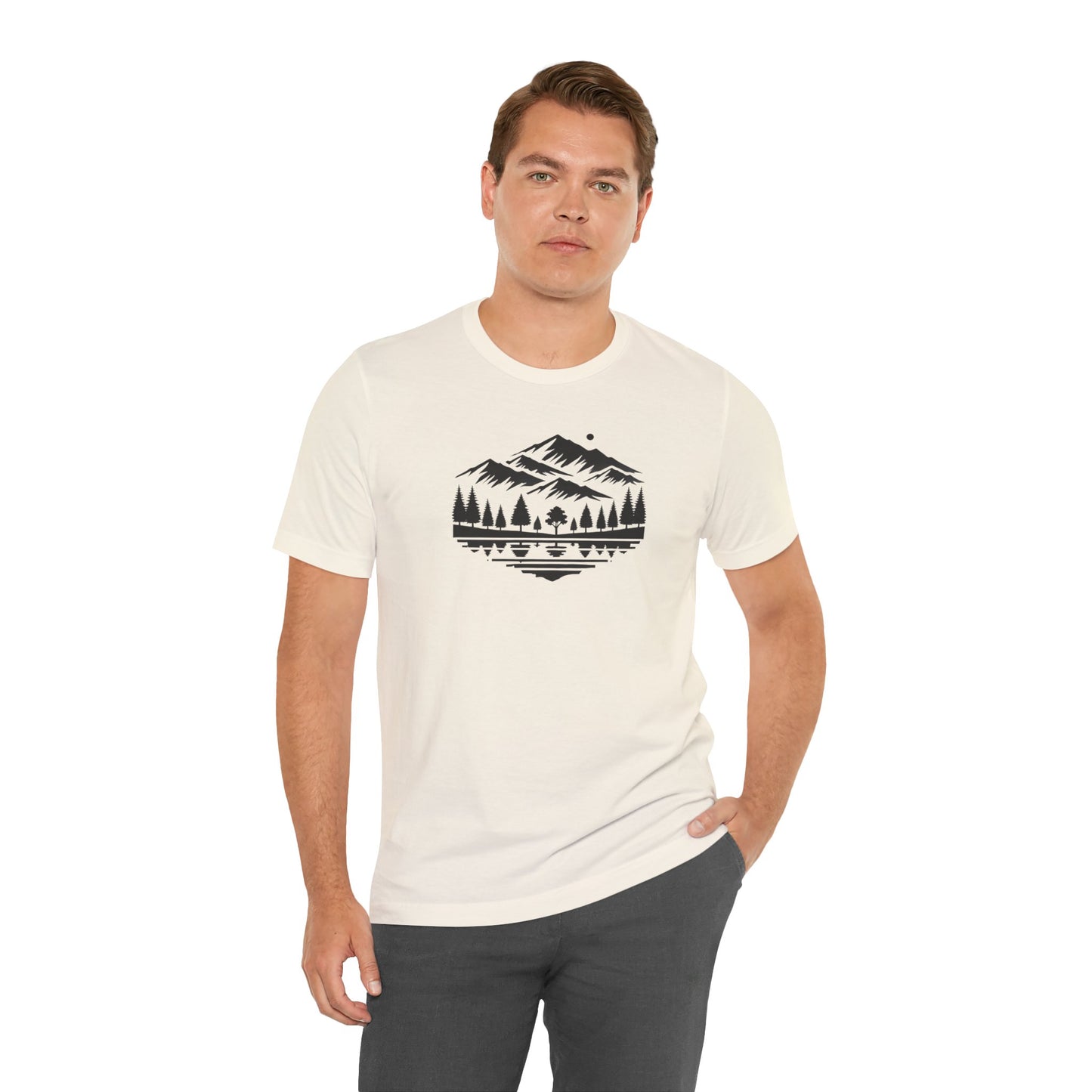 Alpine Reflection Tee | Minimal Mountain Scene with Forest and Lake - Bold Nature Graphic T-Shirt (BC3001)