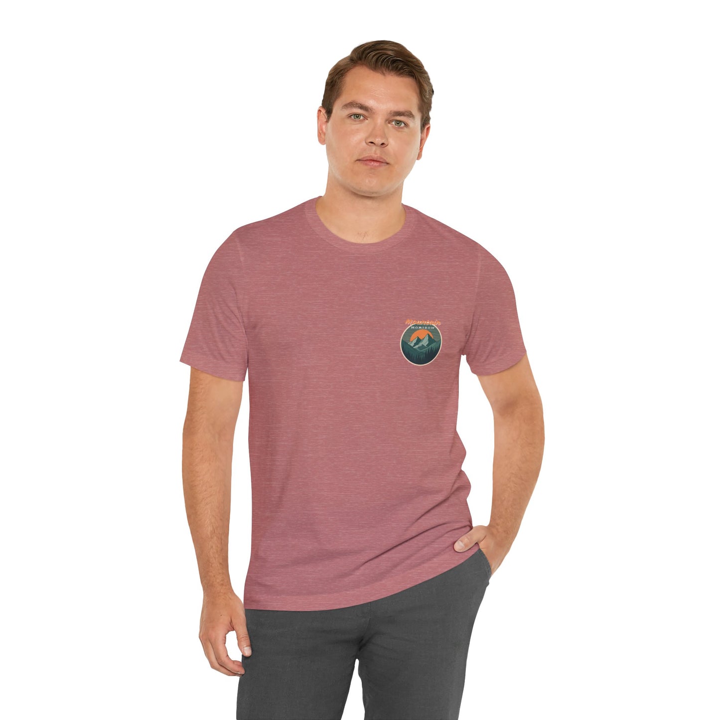 Mountain Horizon Tee | Bold Wilderness Scene with Sunset Peaks and Pine Reflection - Adventure Graphic Shirt (BC3001)