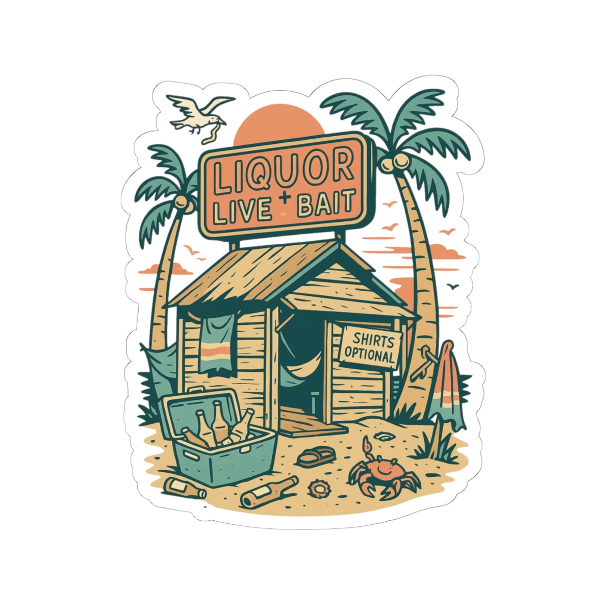 Beach Bait Shack Sticker | Retro Tropical Shack with Neon Sign, Palm Trees, and Cooler – Humorous Coastal Party Graphic Vinyl Sticker