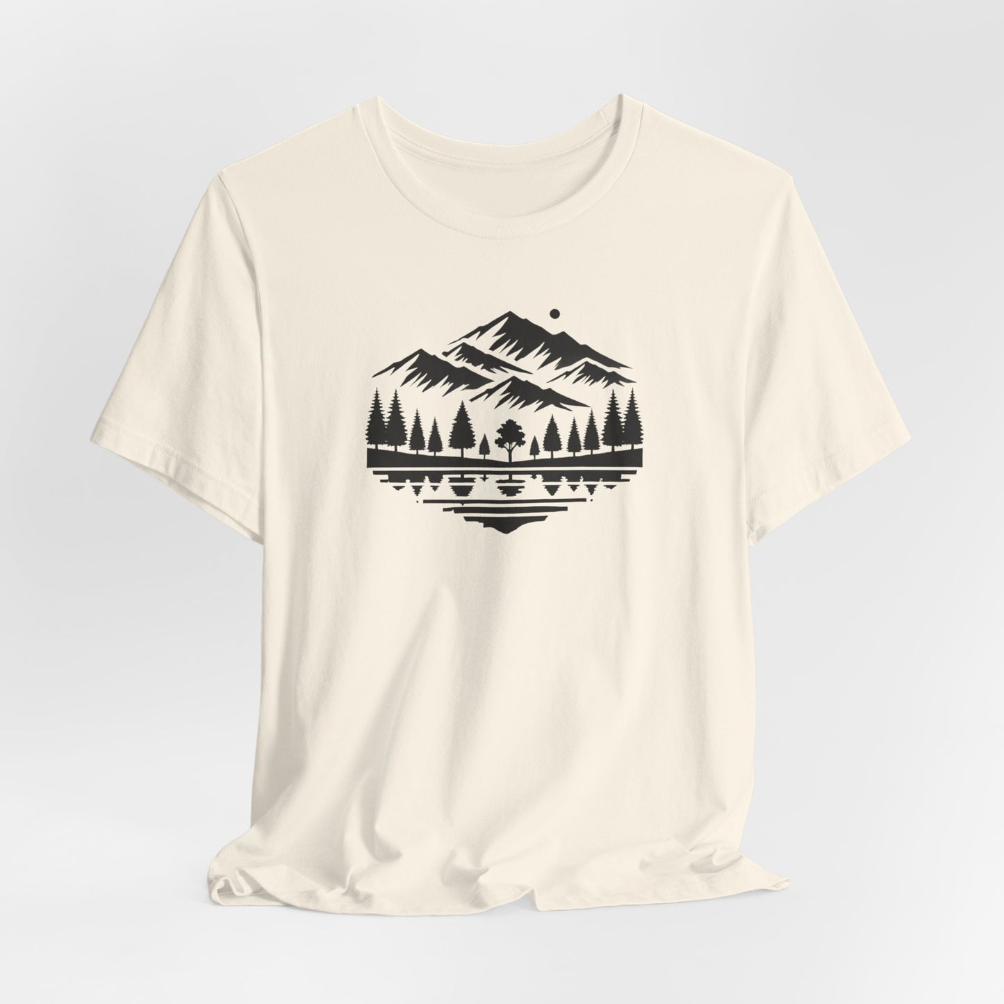 Alpine Reflection Tee | Minimal Mountain Scene with Forest and Lake - Bold Nature Graphic T-Shirt (BC3001)