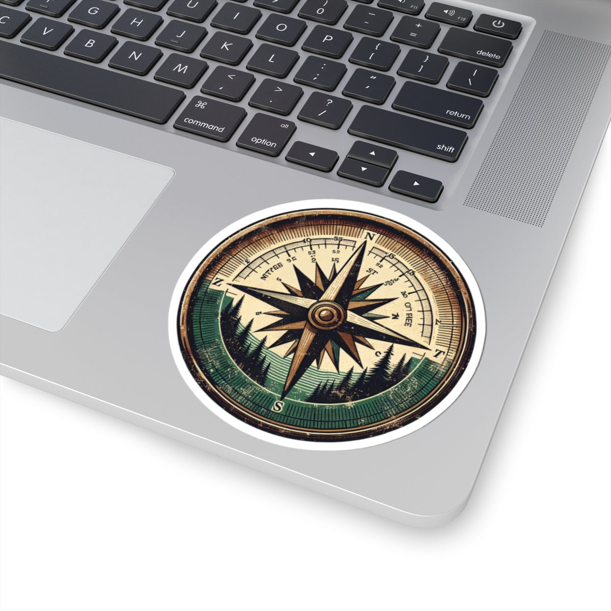 Wander North Sticker | Vintage Compass Rose with Forest Mountains – Adventure Navigation Graphic Vinyl Sticker