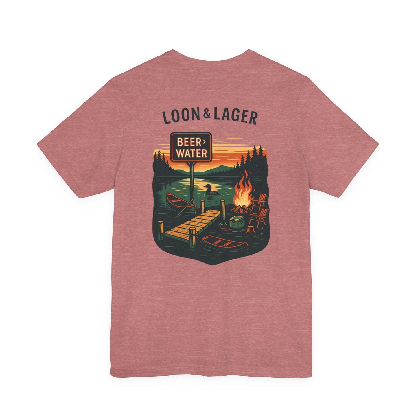 Loon & Lager Tee | Campfire Dock Scene with Canoes, Cooler, and Beer Sign - Playful Northern Lake Night Graphic Back Tee (BC3001)