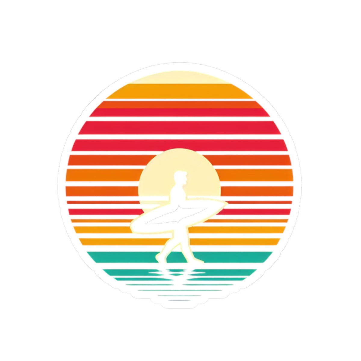 Coastal Stride Sticker | Retro Sunset with Surfer Silhouette – Bold Minimalist Beach Walk Graphic Vinyl Sticker