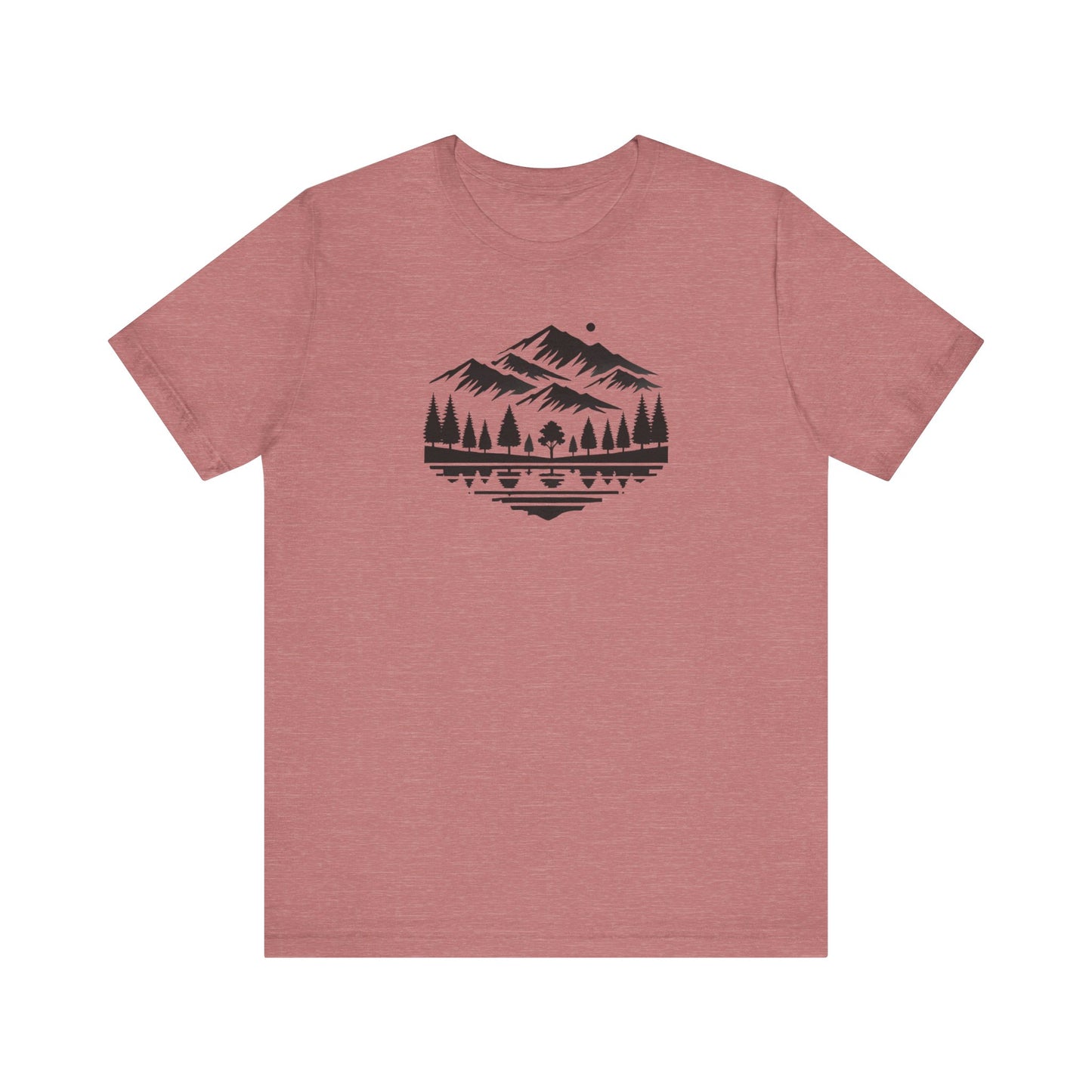 Alpine Reflection Tee | Minimal Mountain Scene with Forest and Lake - Bold Nature Graphic T-Shirt (BC3001)