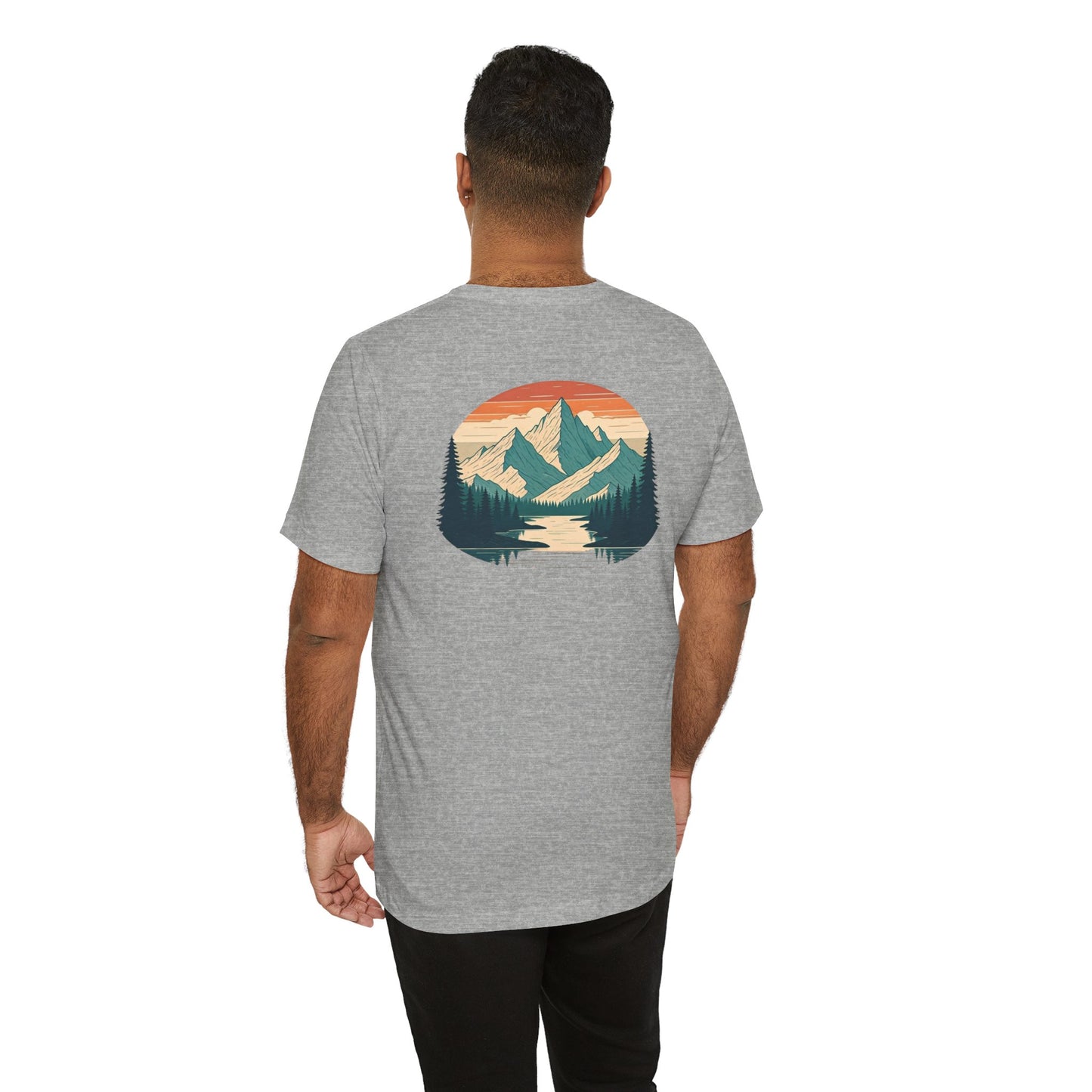 Mountain Horizon Tee | Bold Wilderness Scene with Sunset Peaks and Pine Reflection - Adventure Graphic Shirt (BC3001)