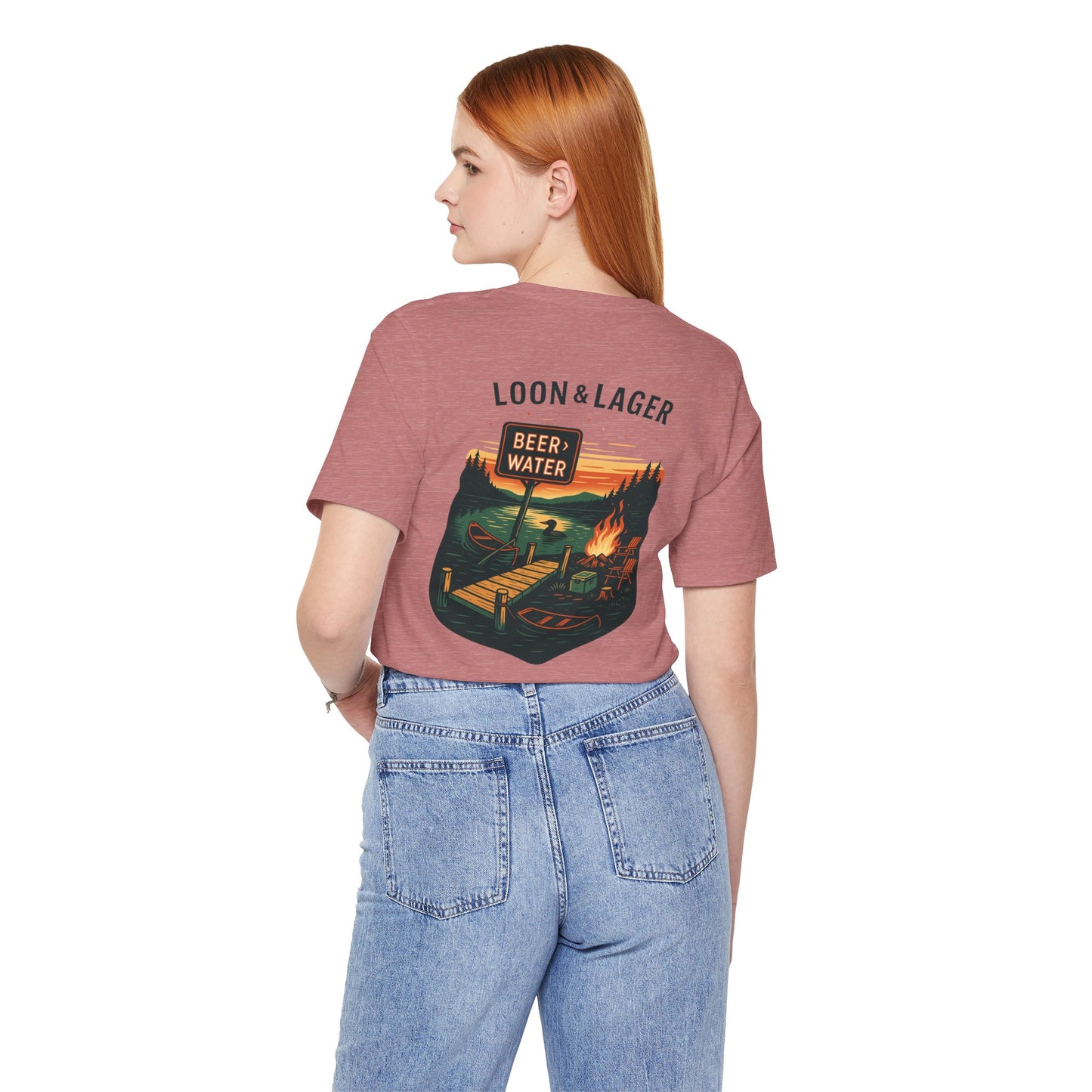 Loon & Lager Tee | Campfire Dock Scene with Canoes, Cooler, and Beer Sign - Playful Northern Lake Night Graphic Back Tee (BC3001)