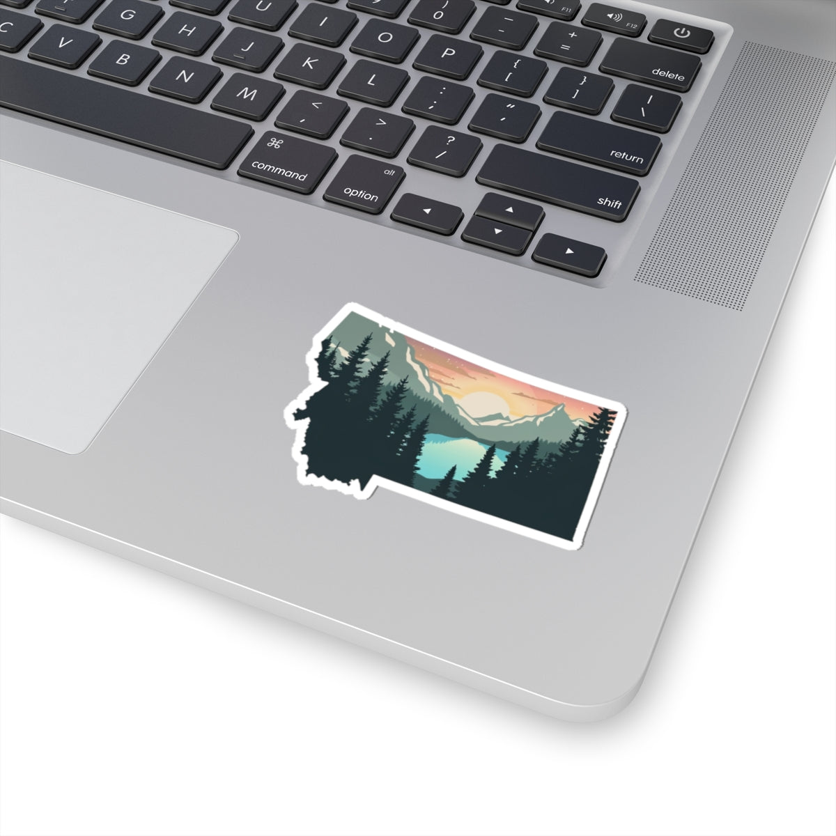 Montana Sunrise Sticker | Scenic Mountain Lake Through Forest Silhouette – Tranquil Wilderness State Vinyl Sticker