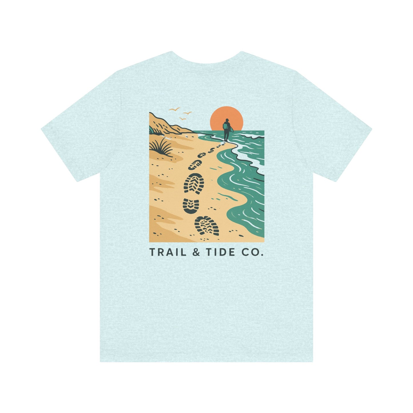 Tidewalker Tee | Coastal Trail Footprints Along Sunset Shore - Beach Walk Graphic Back Tee with Front Crest Patch (BC3001)