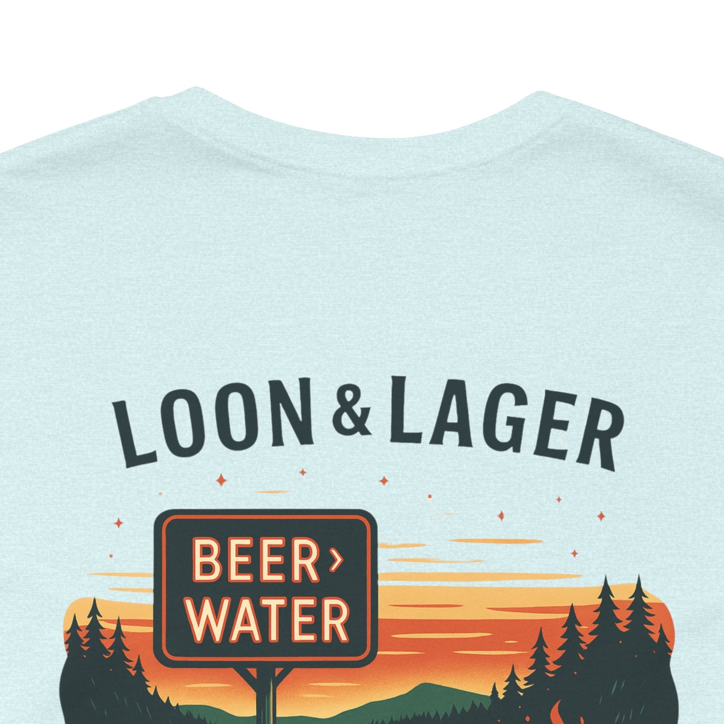Loon & Lager Tee | Campfire Dock Scene with Canoes, Cooler, and Beer Sign - Playful Northern Lake Night Graphic Back Tee (BC3001)