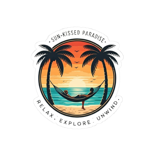 Sun-Kissed Paradise Sticker | Tropical Hammock Sunset with Palm Trees – Retro Beach Relaxation Graphic Matte Vinyl Sticker