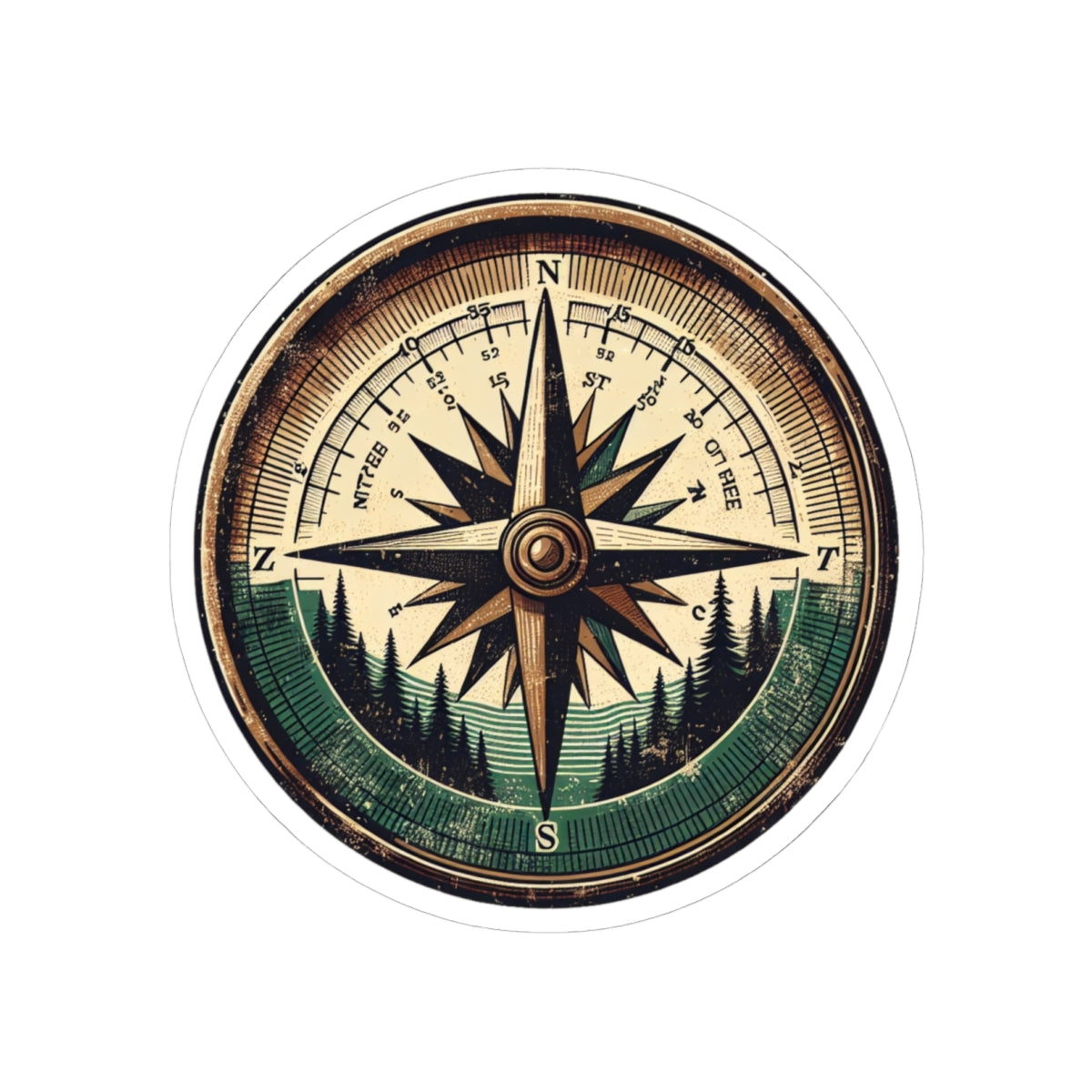 Wander North Sticker | Vintage Compass Rose with Forest Mountains – Adventure Navigation Graphic Vinyl Sticker