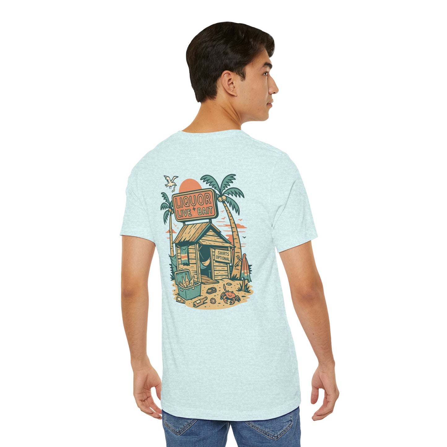 Sunburnt & Buzzed Tee | Tropical Bait Shack with Cooler, Crabs, and Neon Sign - Retro Beach Bar Party Graphic Tee (BC3001)