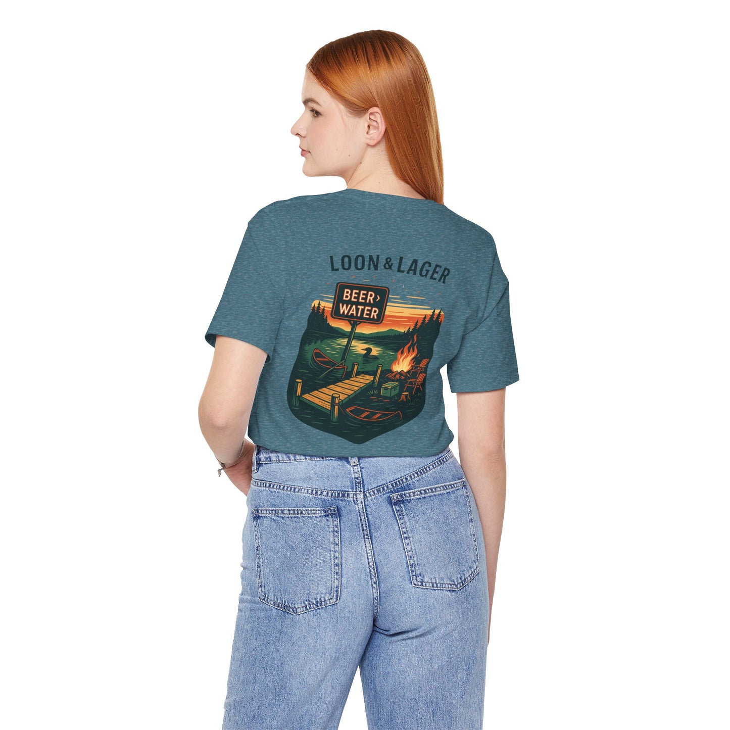 Loon & Lager Tee | Campfire Dock Scene with Canoes, Cooler, and Beer Sign - Playful Northern Lake Night Graphic Back Tee (BC3001)