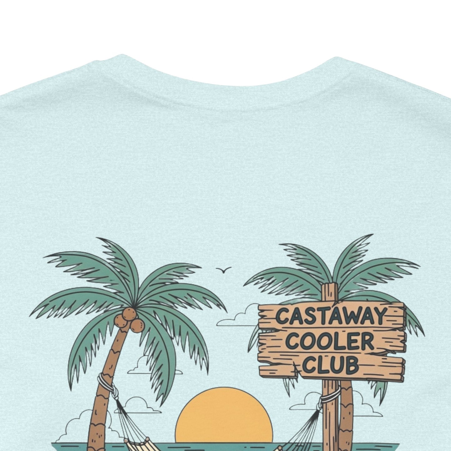 Castaway Cooler Club Tee | Beach Hammock Scene with Palm Trees, Ice Chest, and Sunset - Tropical Island Party Graphic Back Tee (BC3001)