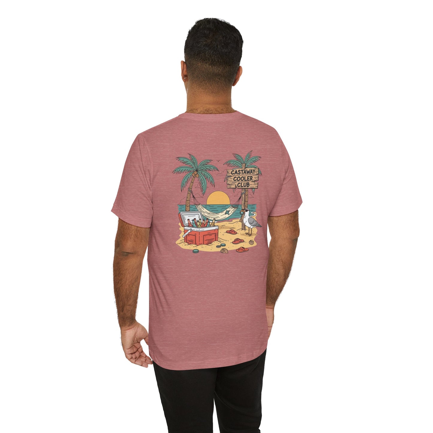 Castaway Cooler Club Tee | Beach Hammock Scene with Palm Trees, Ice Chest, and Sunset - Tropical Island Party Graphic Back Tee (BC3001)