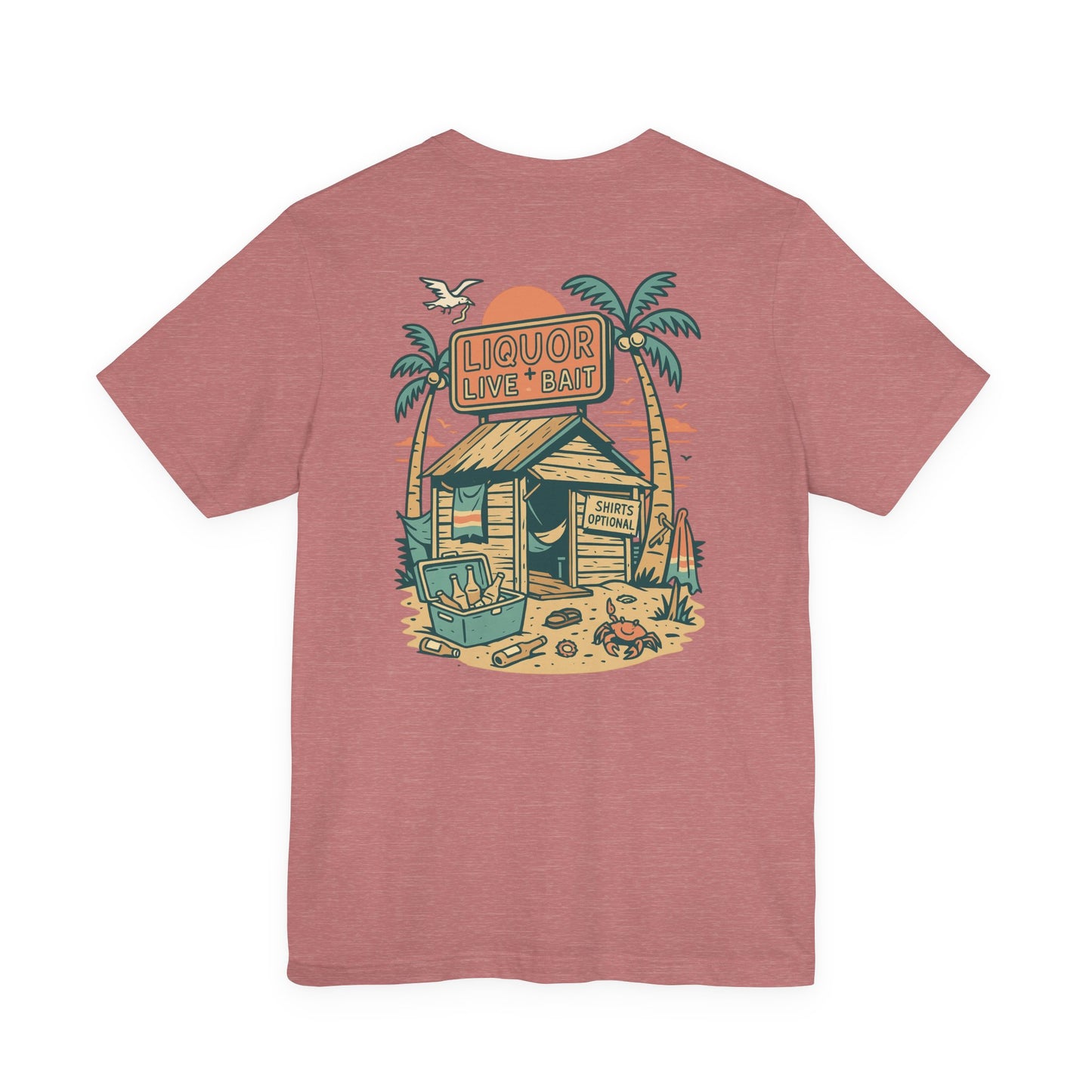 Sunburnt & Buzzed Tee | Tropical Bait Shack with Cooler, Crabs, and Neon Sign - Retro Beach Bar Party Graphic Tee (BC3001)