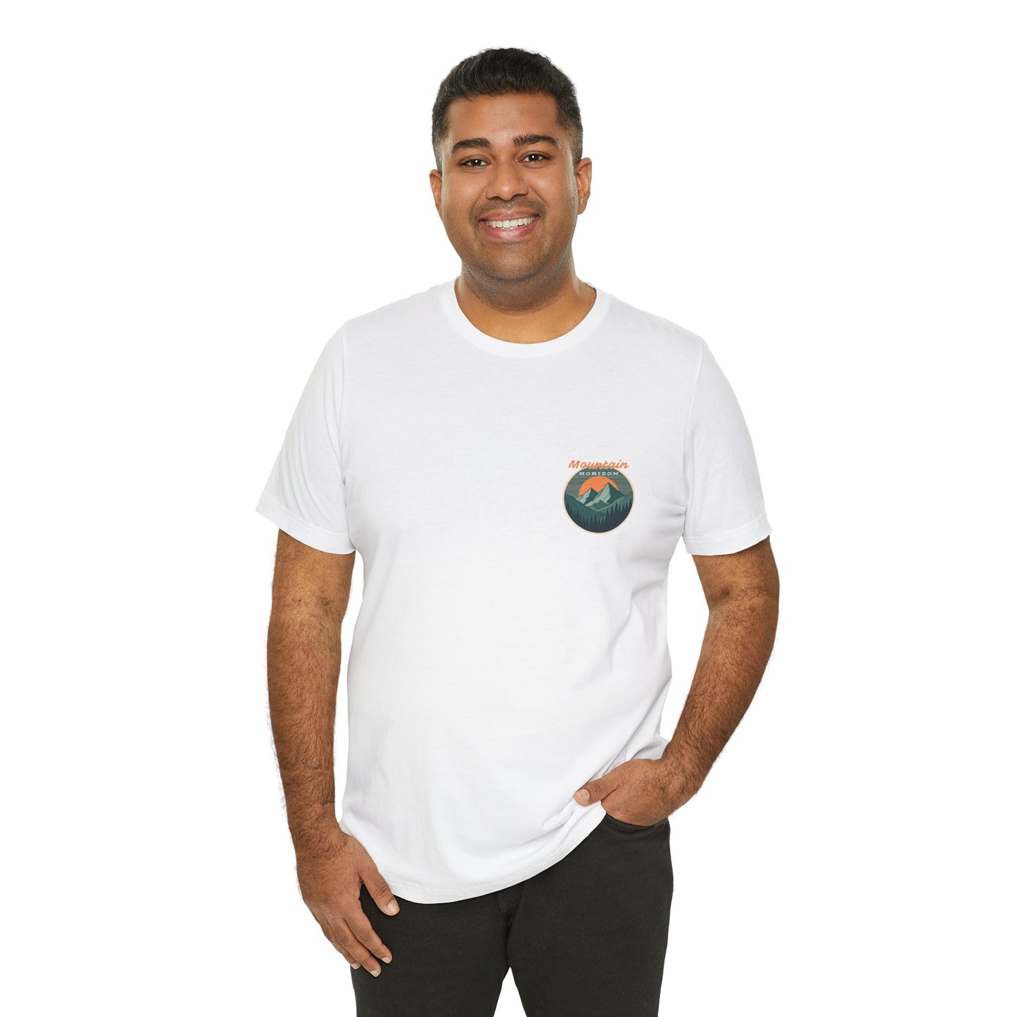 Mountain Horizon Tee | Bold Wilderness Scene with Sunset Peaks and Pine Reflection - Adventure Graphic Shirt (BC3001)