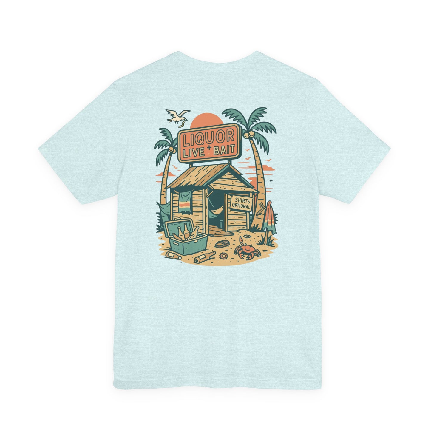 Sunburnt & Buzzed Tee | Tropical Bait Shack with Cooler, Crabs, and Neon Sign - Retro Beach Bar Party Graphic Tee (BC3001)