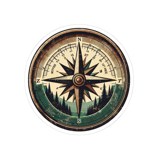 Wander North Sticker | Vintage Compass Rose with Forest Mountains – Adventure Navigation Graphic Vinyl Sticker