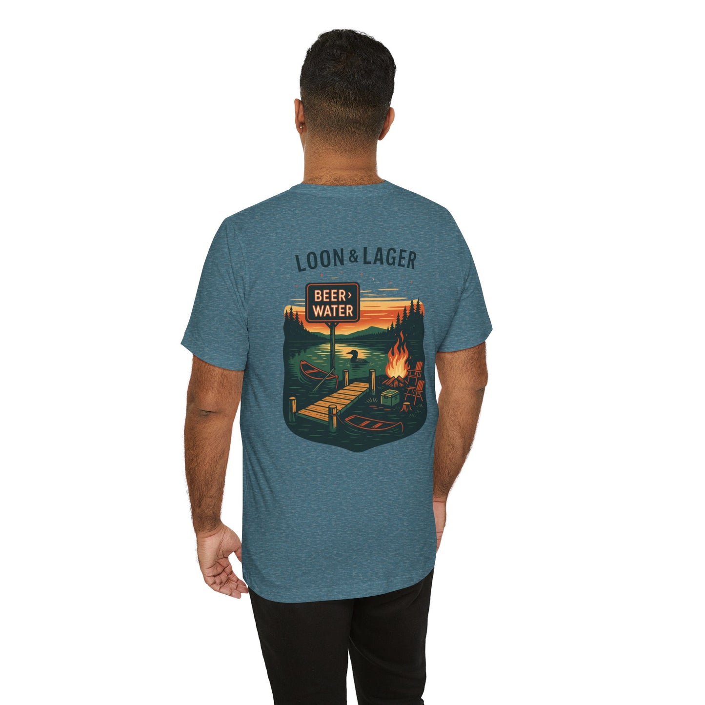 Loon & Lager Tee | Campfire Dock Scene with Canoes, Cooler, and Beer Sign - Playful Northern Lake Night Graphic Back Tee (BC3001)