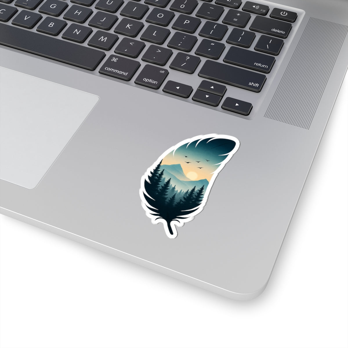 Feather Dusk Sticker | Tranquil Forest and Mountain Scene Inside Feather – Soft Sunset Wilderness Vinyl Sticker