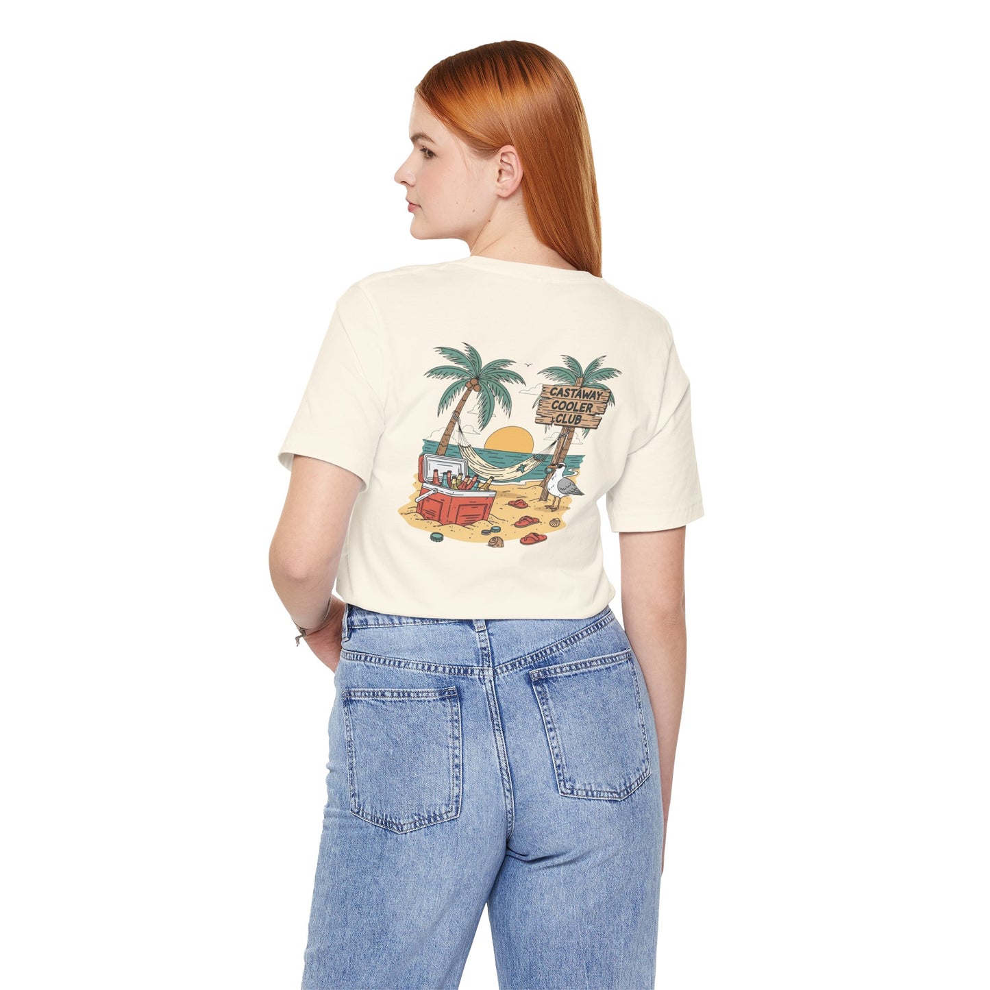 Castaway Cooler Club Tee | Beach Hammock Scene with Palm Trees, Ice Chest, and Sunset - Tropical Island Party Graphic Back Tee (BC3001)