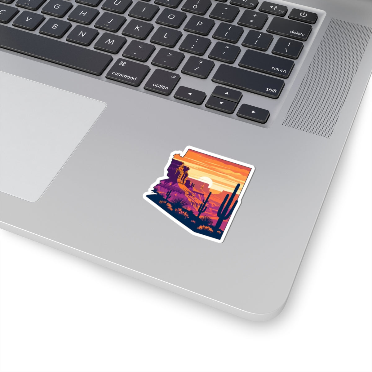 Desert Glow Sticker | Arizona State Outline with Cactus Landscape, Red Rocks, and Sunset Sky – Bold Southwest Desert Vinyl Sticker