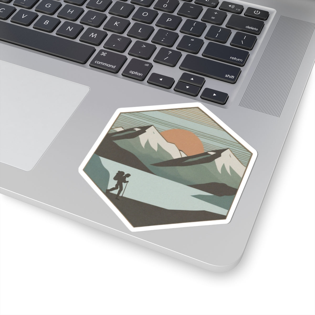 Horizon Hike Sticker | Minimalist Mountain Sunset with Hiker and Lake – Retro Wilderness Trek Graphic Vinyl Sticker