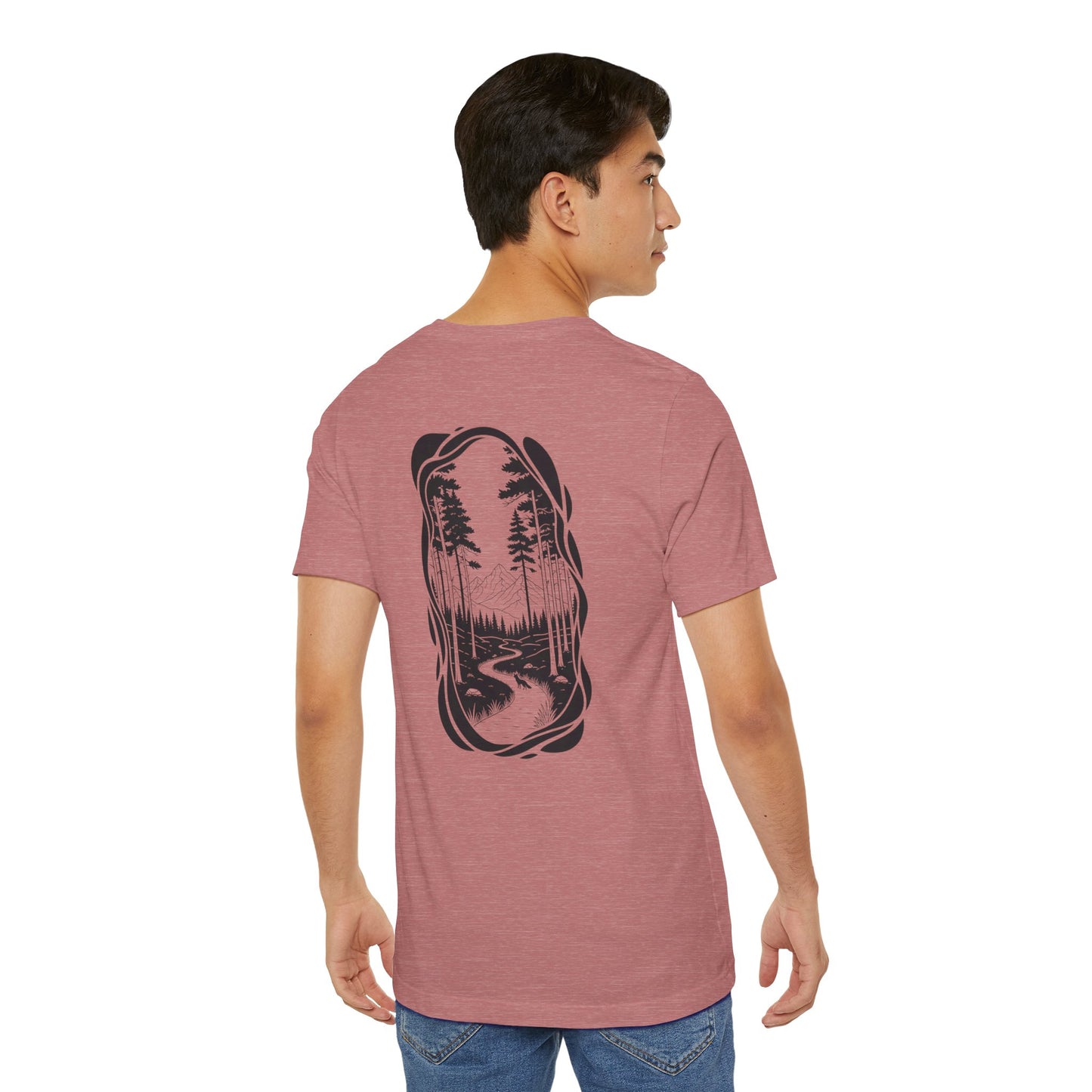 The Trail Ahead Tee | Black & White Forest Path with Mountain Silhouette - Minimalist Nature Scene Graphic Back Tee (BC3001)