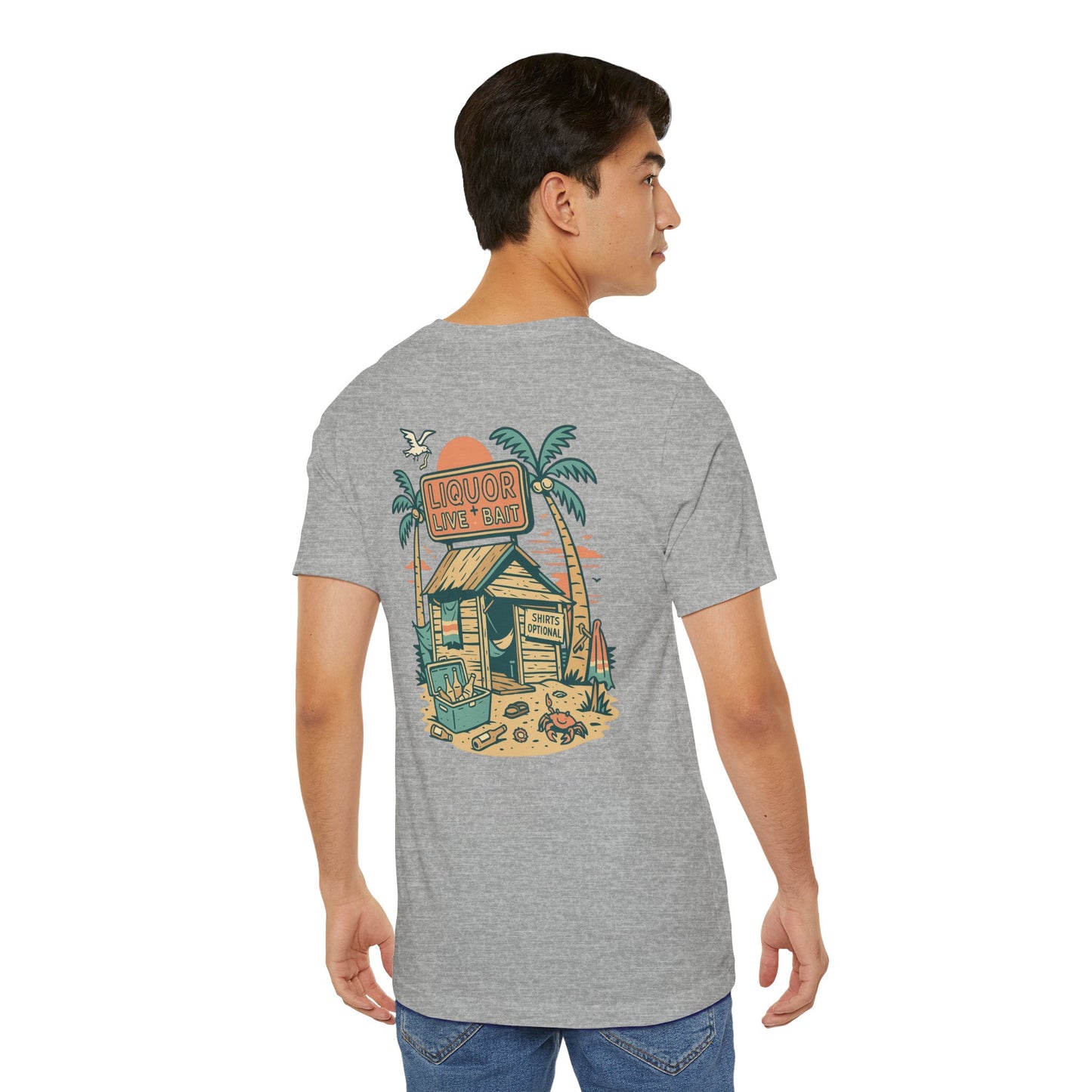 Sunburnt & Buzzed Tee | Tropical Bait Shack with Cooler, Crabs, and Neon Sign - Retro Beach Bar Party Graphic Tee (BC3001)