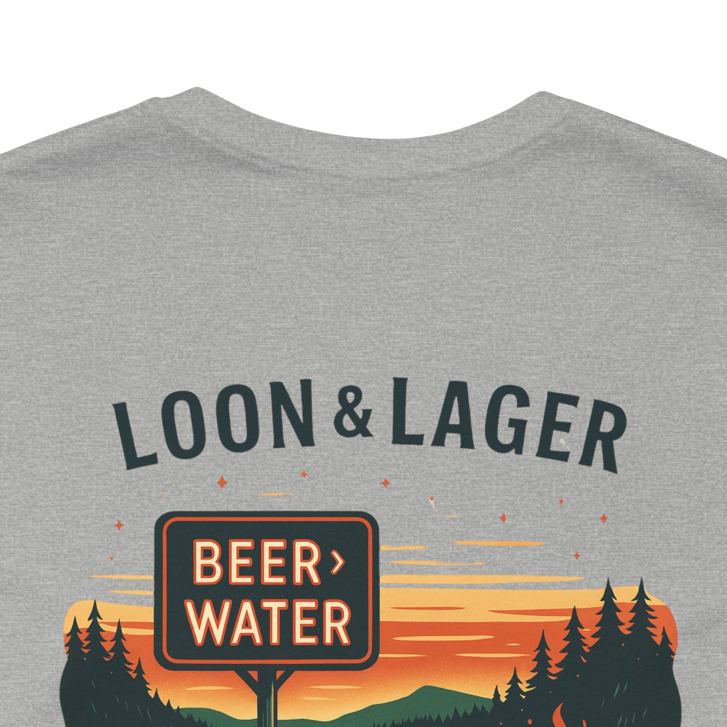 Loon & Lager Tee | Campfire Dock Scene with Canoes, Cooler, and Beer Sign - Playful Northern Lake Night Graphic Back Tee (BC3001)