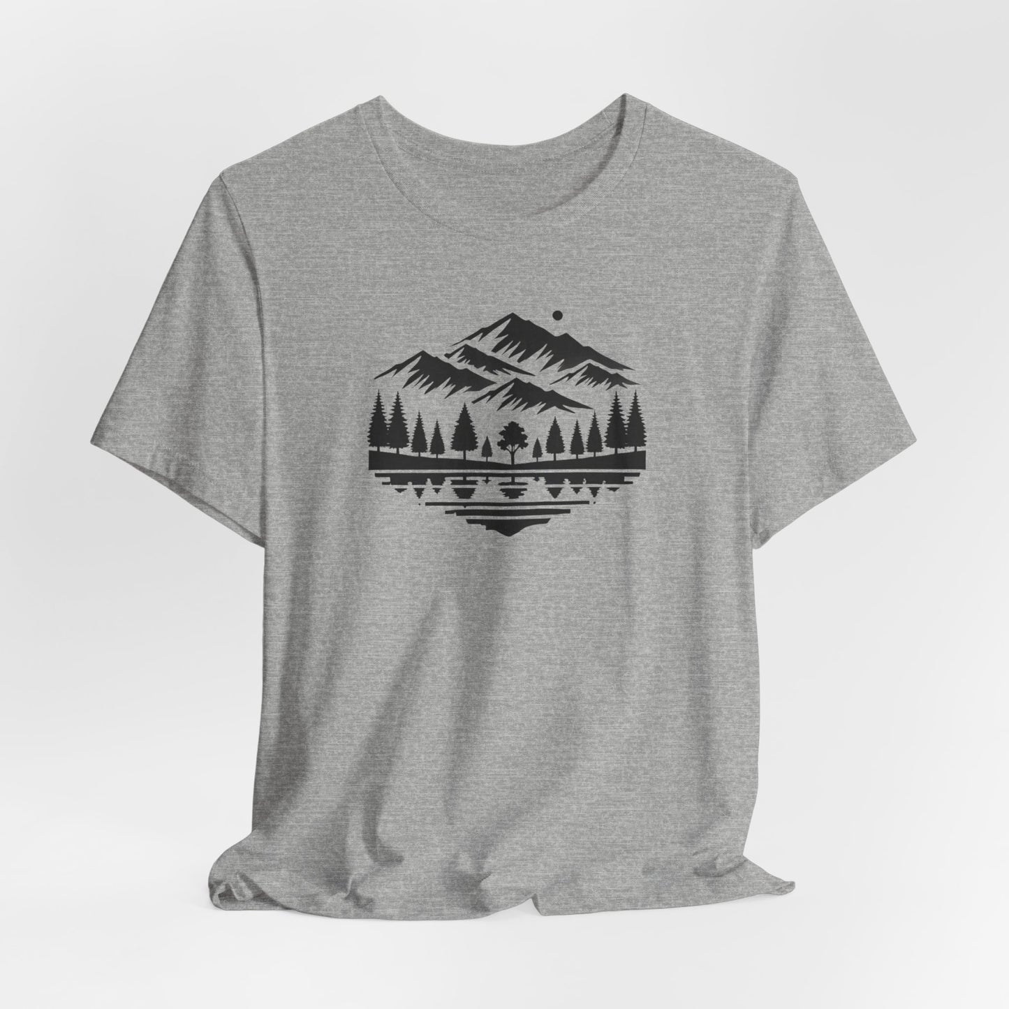 Alpine Reflection Tee | Minimal Mountain Scene with Forest and Lake - Bold Nature Graphic T-Shirt (BC3001)