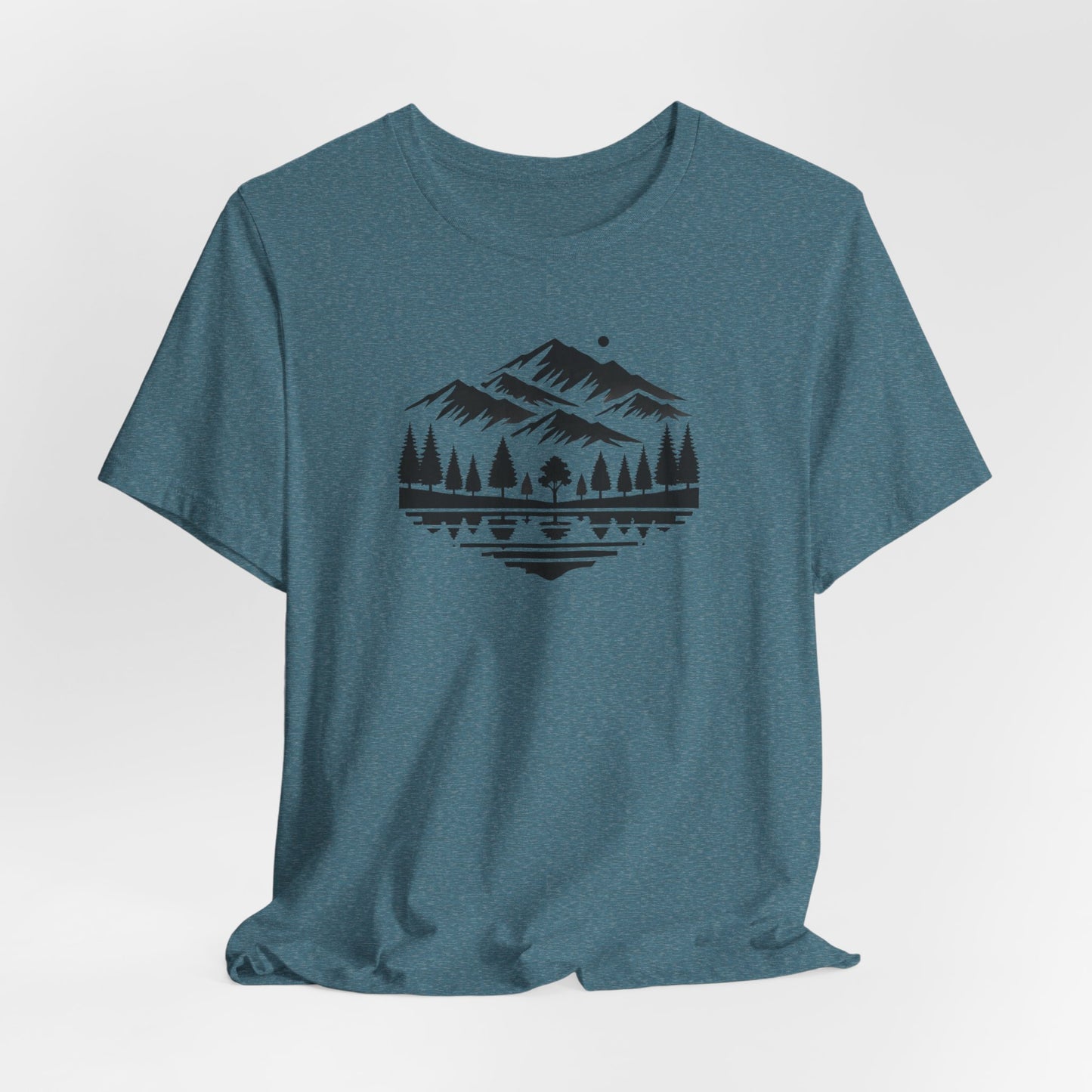 Alpine Reflection Tee | Minimal Mountain Scene with Forest and Lake - Bold Nature Graphic T-Shirt (BC3001)