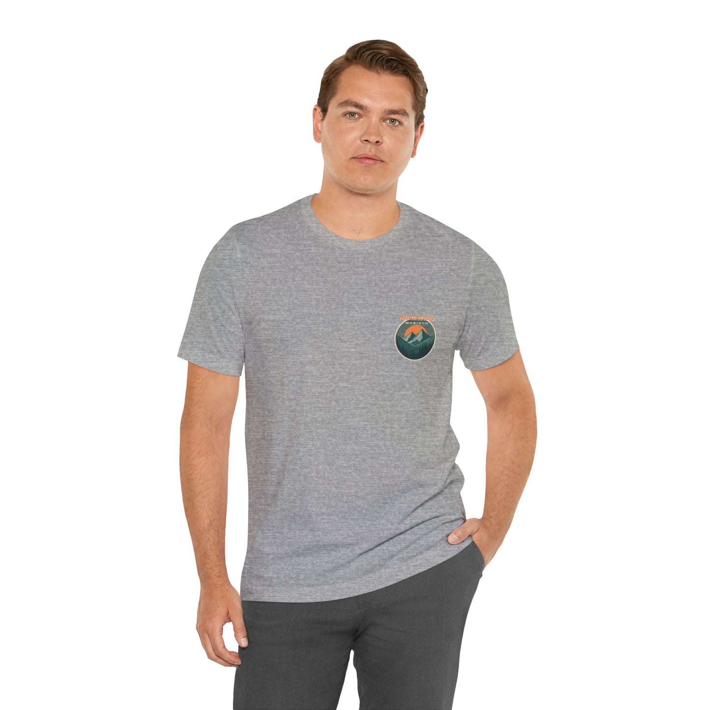 Mountain Horizon Tee | Bold Wilderness Scene with Sunset Peaks and Pine Reflection - Adventure Graphic Shirt (BC3001)