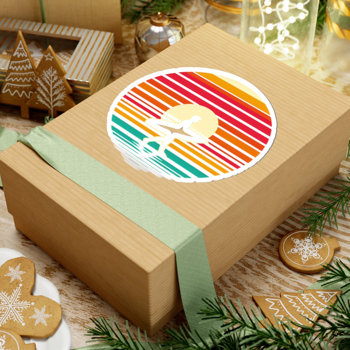 Coastal Stride Sticker | Retro Sunset with Surfer Silhouette – Bold Minimalist Beach Walk Graphic Vinyl Sticker