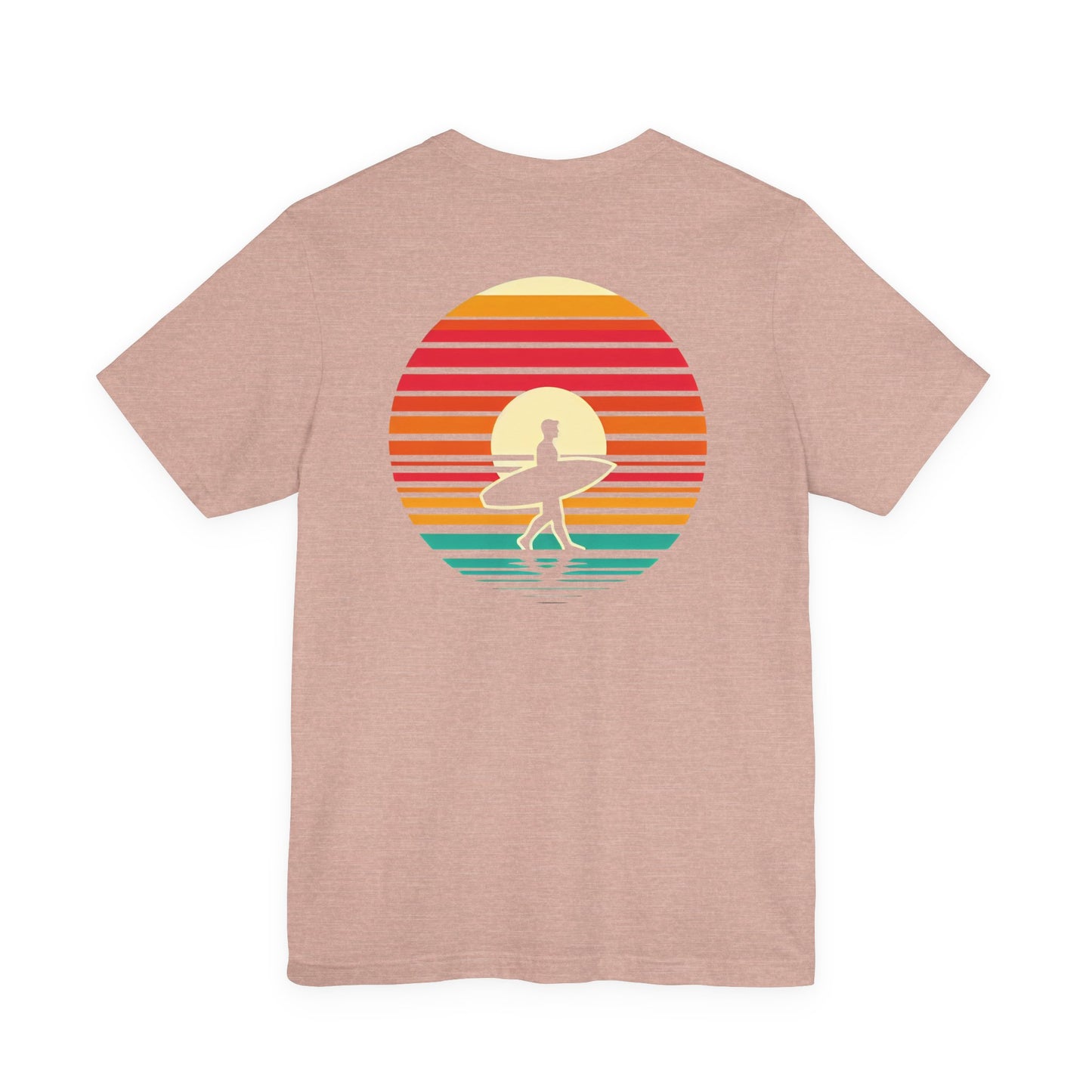 Sunset Surfer Tee | Retro Surf Silhouette with Bold Sunset Stripes - Beach Vibes Graphic Tee (BC3001)