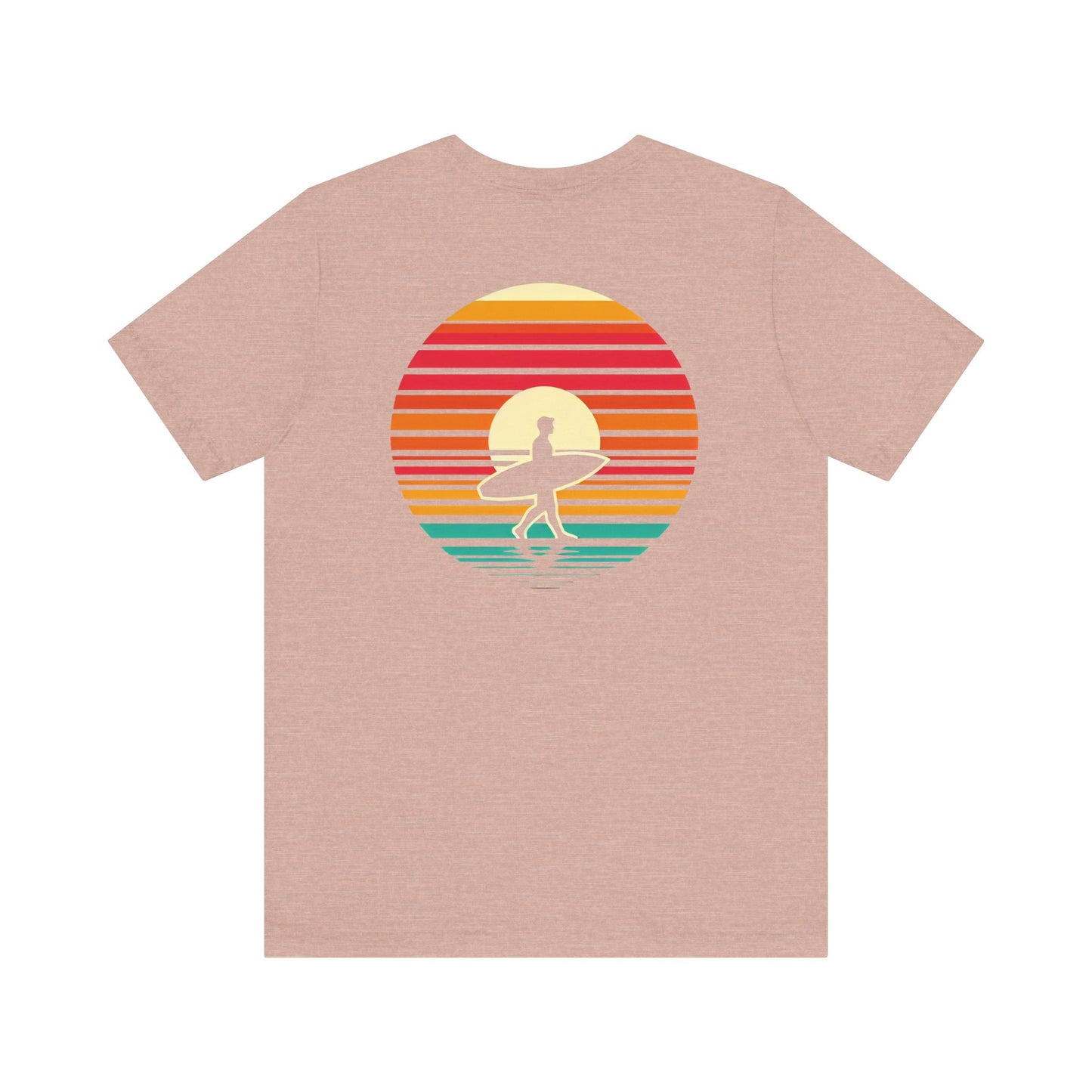 Sunset Surfer Tee | Retro Surf Silhouette with Bold Sunset Stripes - Beach Vibes Graphic Tee (BC3001)