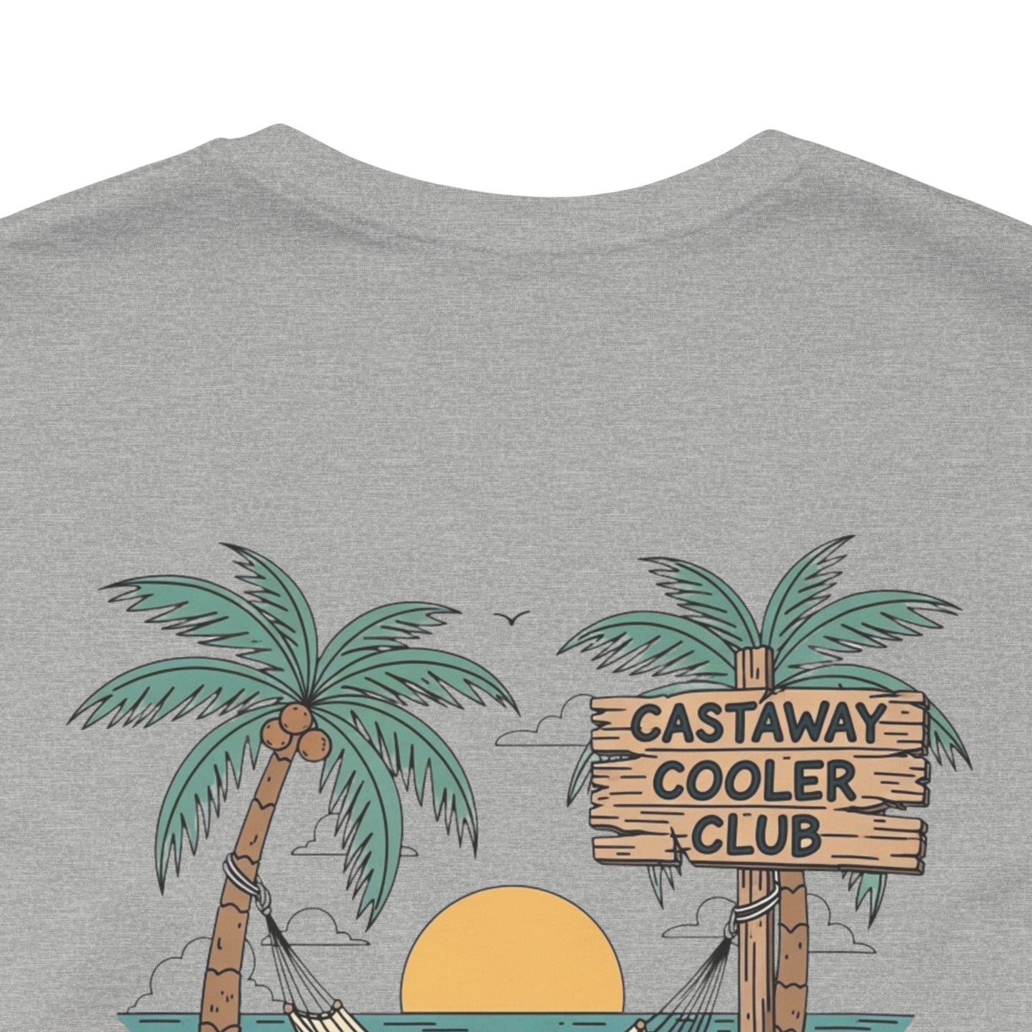 Castaway Cooler Club Tee | Beach Hammock Scene with Palm Trees, Ice Chest, and Sunset - Tropical Island Party Graphic Back Tee (BC3001)