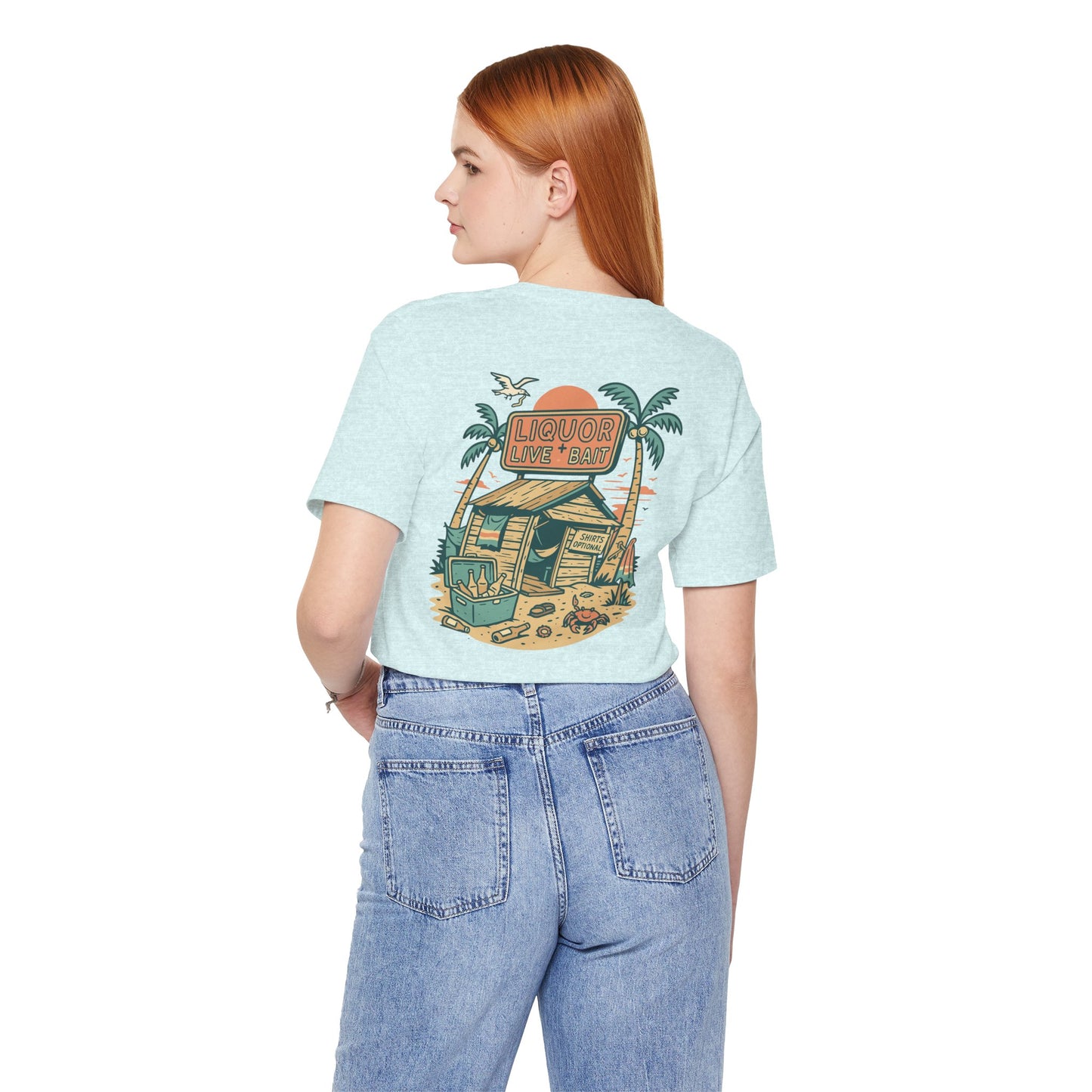 Sunburnt & Buzzed Tee | Tropical Bait Shack with Cooler, Crabs, and Neon Sign - Retro Beach Bar Party Graphic Tee (BC3001)