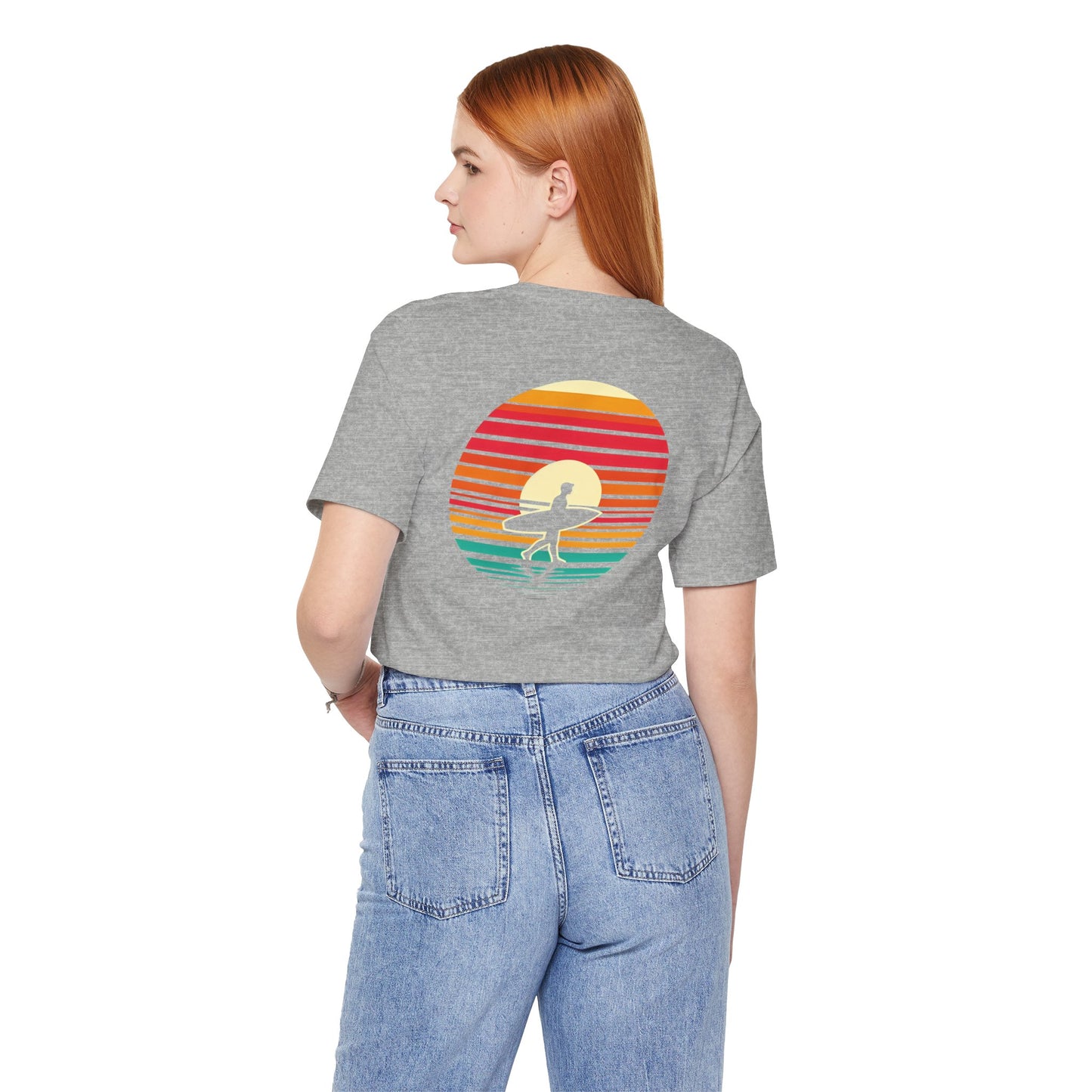 Sunset Surfer Tee | Retro Surf Silhouette with Bold Sunset Stripes - Beach Vibes Graphic Tee (BC3001)