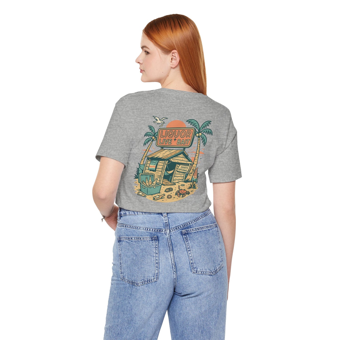Sunburnt & Buzzed Tee | Tropical Bait Shack with Cooler, Crabs, and Neon Sign - Retro Beach Bar Party Graphic Tee (BC3001)