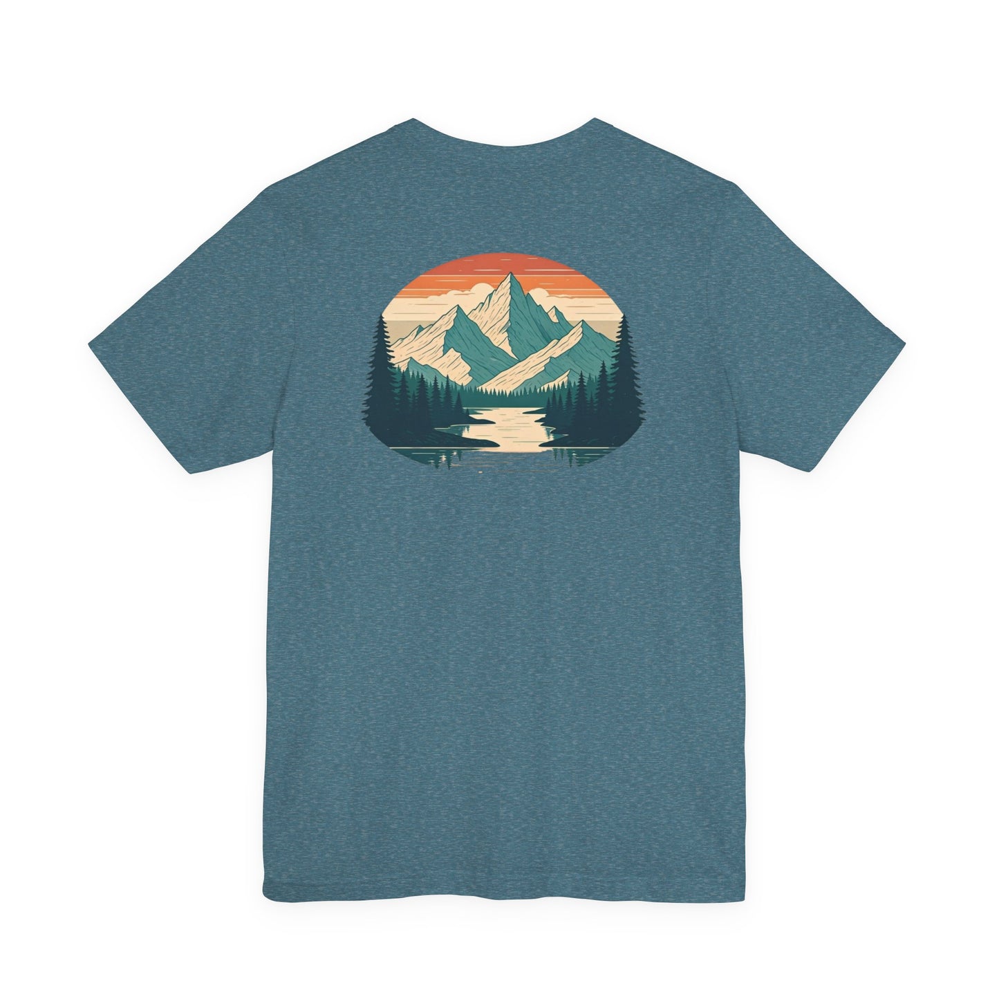 Mountain Horizon Tee | Bold Wilderness Scene with Sunset Peaks and Pine Reflection - Adventure Graphic Shirt (BC3001)