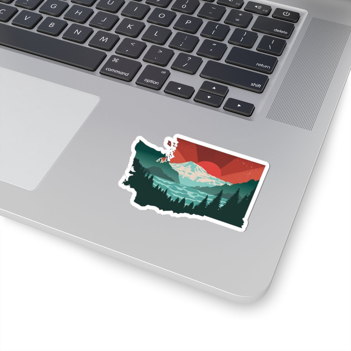 Cascade Sunrise Sticker | Washington State Shape with Mt. Rainier, Pines & Red Sky – Bold PNW Mountain Scene Vinyl Sticker