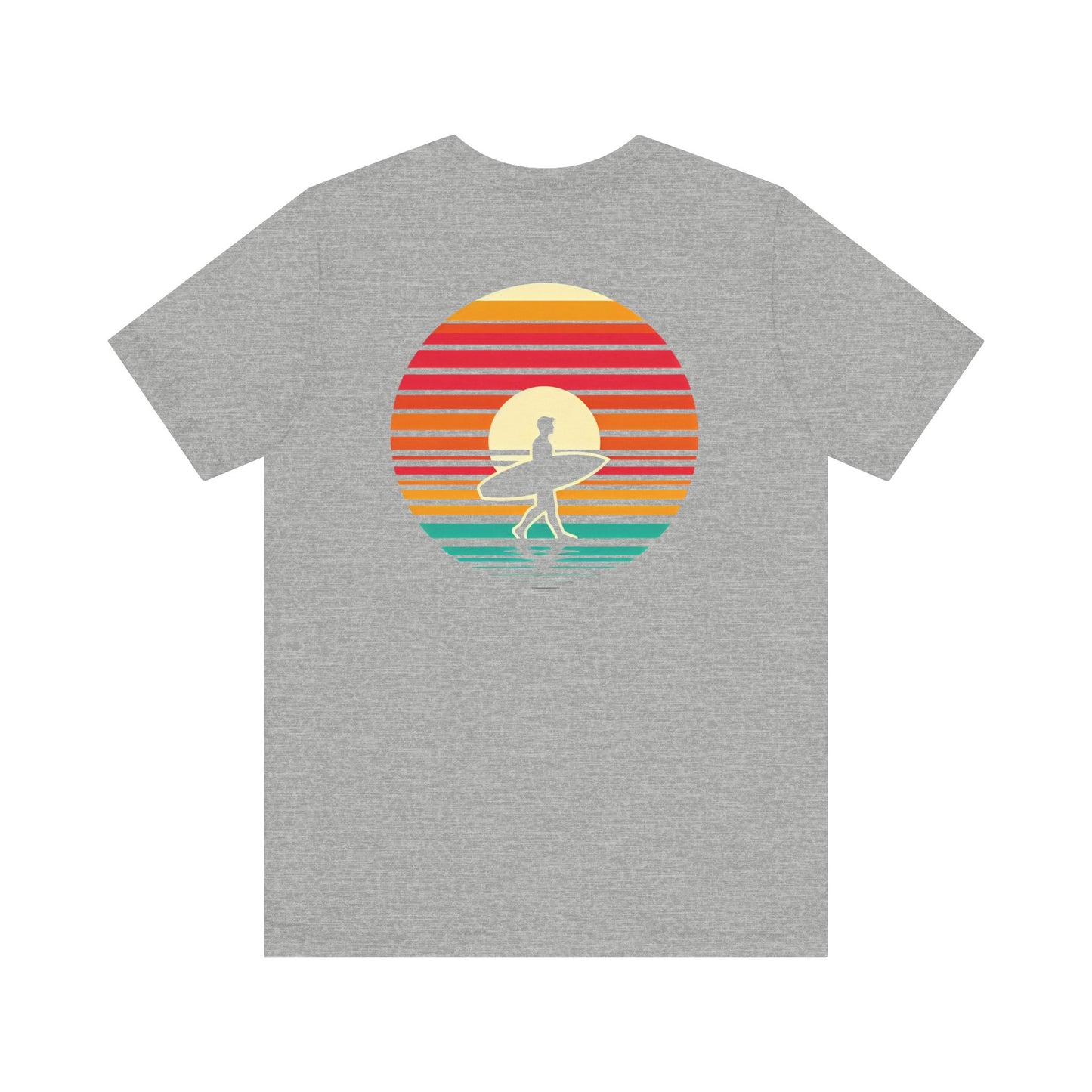Sunset Surfer Tee | Retro Surf Silhouette with Bold Sunset Stripes - Beach Vibes Graphic Tee (BC3001)
