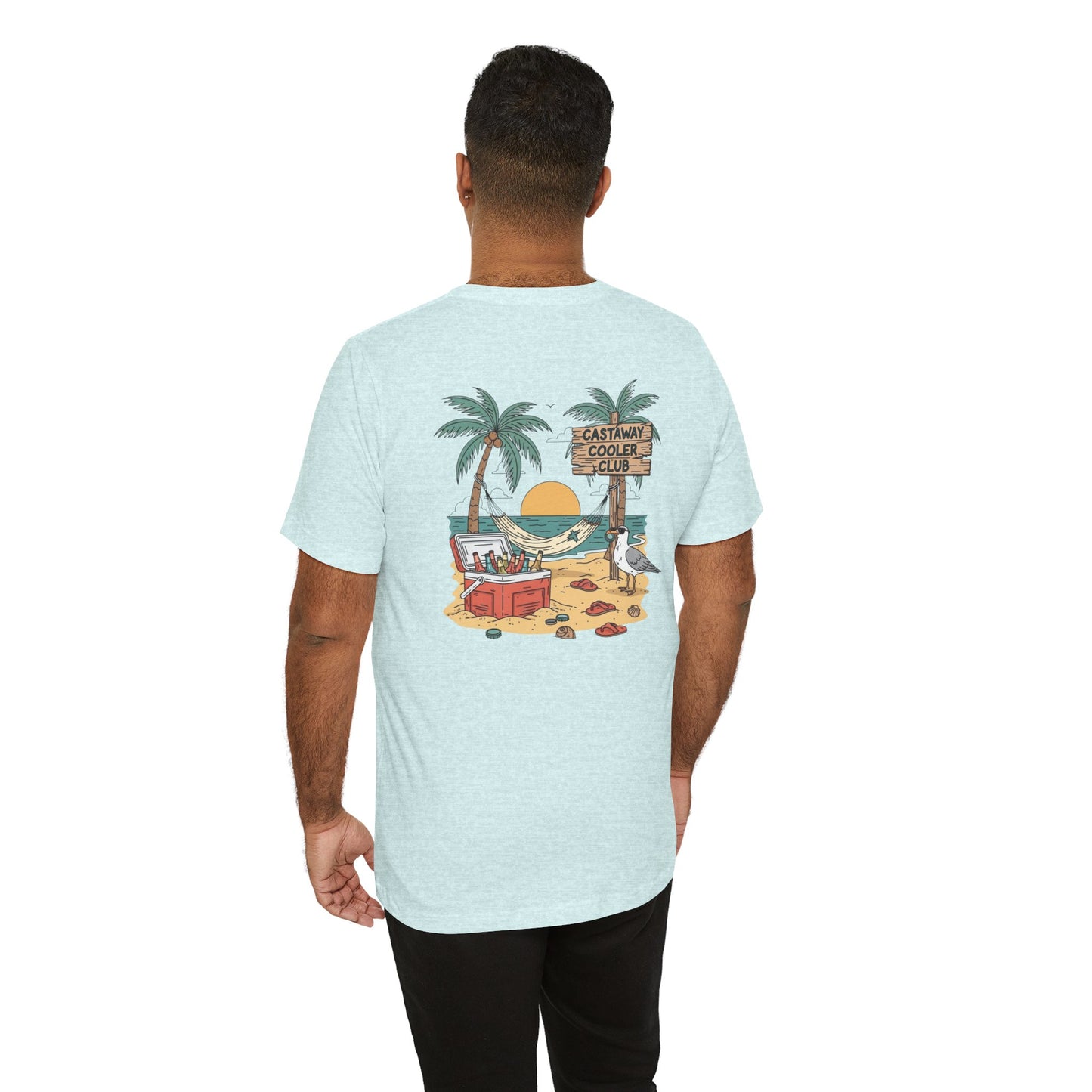 Castaway Cooler Club Tee | Beach Hammock Scene with Palm Trees, Ice Chest, and Sunset - Tropical Island Party Graphic Back Tee (BC3001)