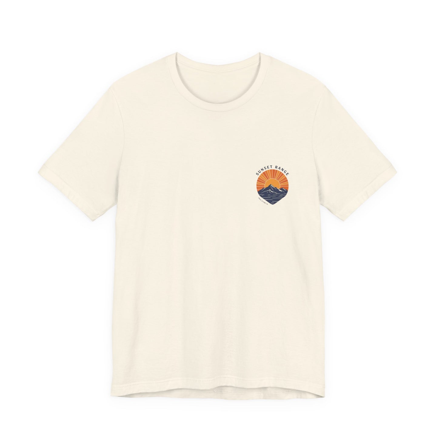 Sunset Range Tee | Vibrant Orange Mountain Landscape with Trail Hiker and Setting Sun - Bold Desert Peak Graphic Tee (BC3001)