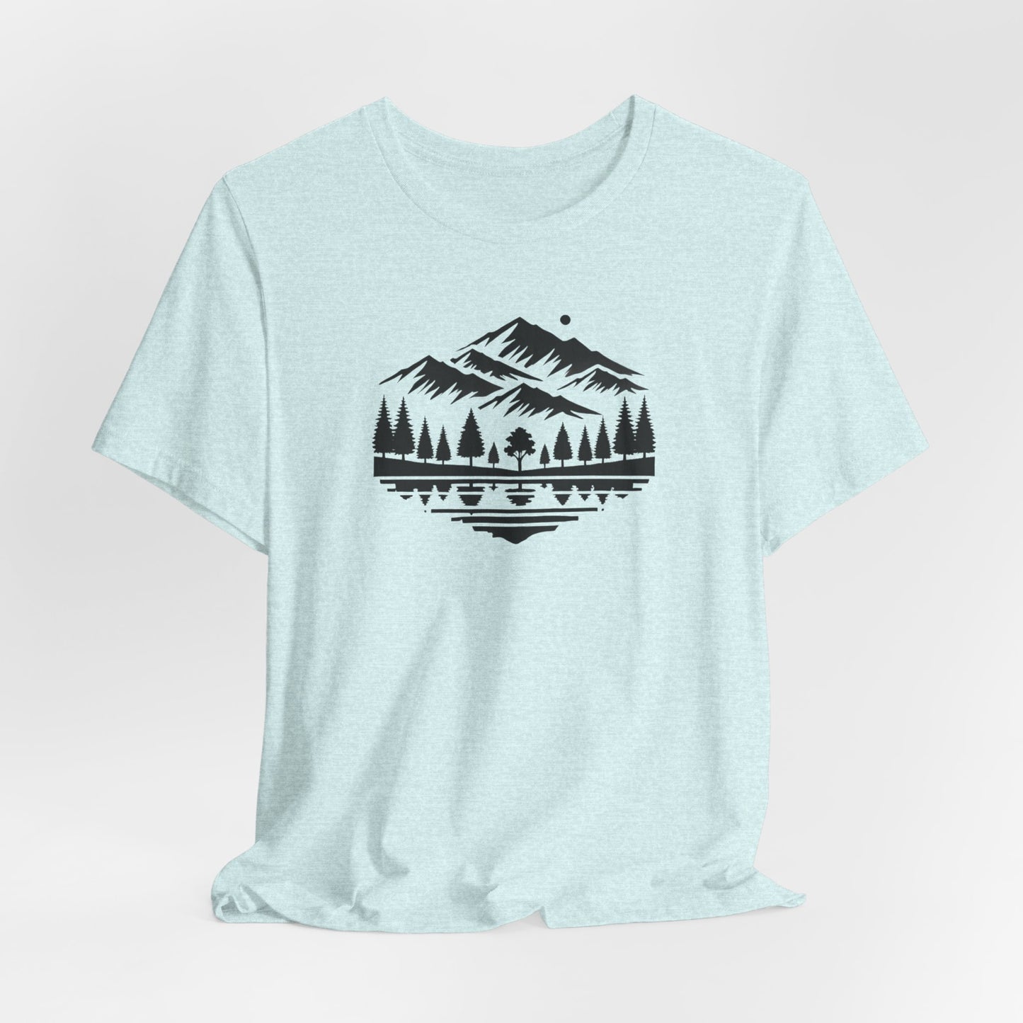 Alpine Reflection Tee | Minimal Mountain Scene with Forest and Lake - Bold Nature Graphic T-Shirt (BC3001)