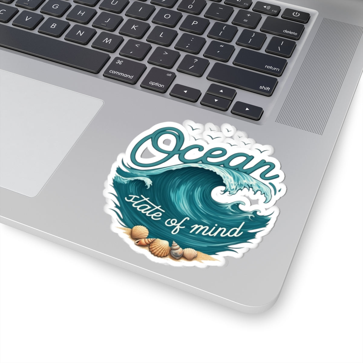 Ocean State of Mind Sticker | Rolling Wave and Seashell Graphic with Coastal Quote – Beach Lover Vinyl Sticker
